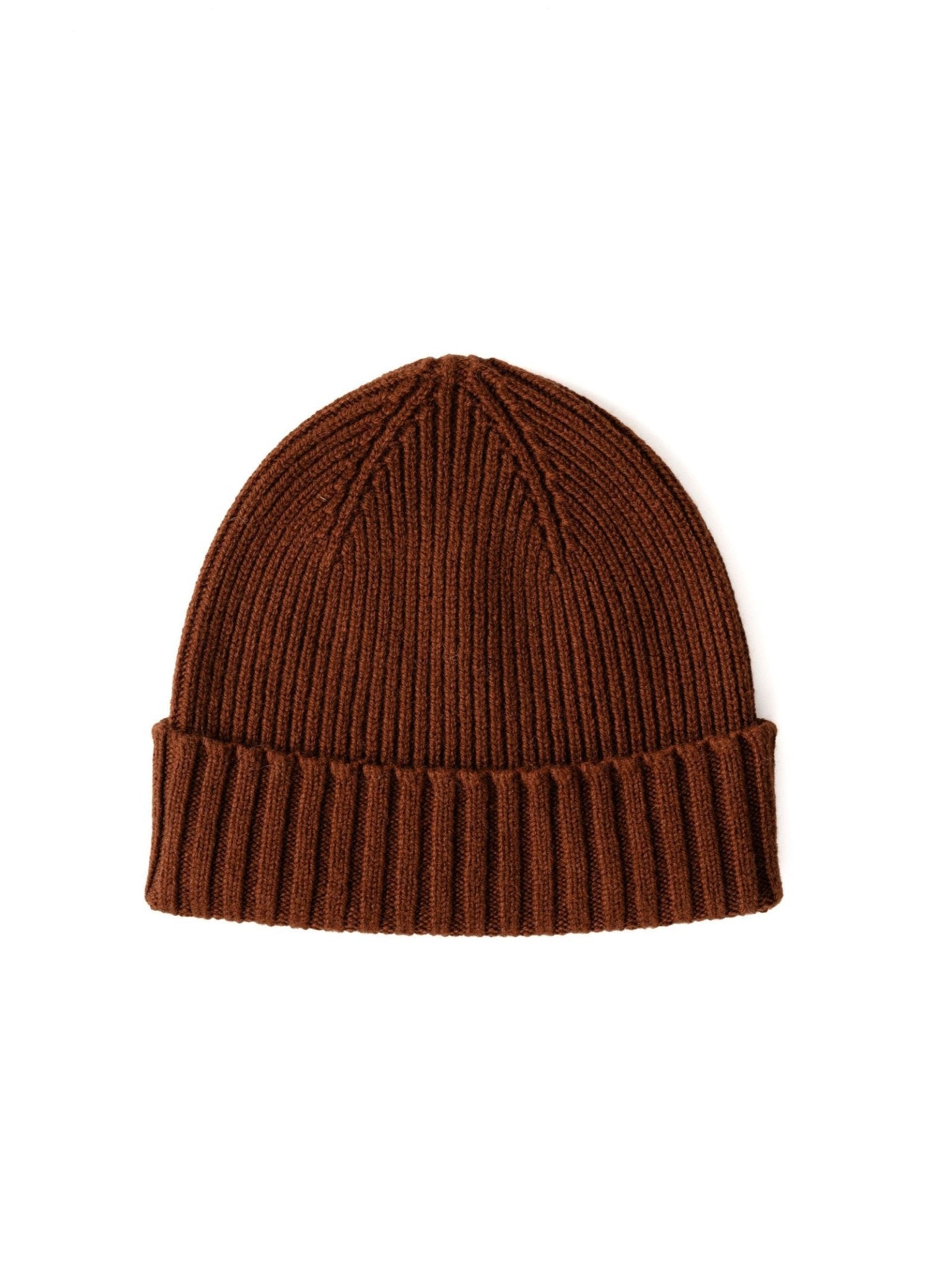 The Campbell's of Beauly Rib Hat, crafted from 100% wool in brown with a ribbed knit and folded brim, is shown on a white background—a must-have winter accessory.