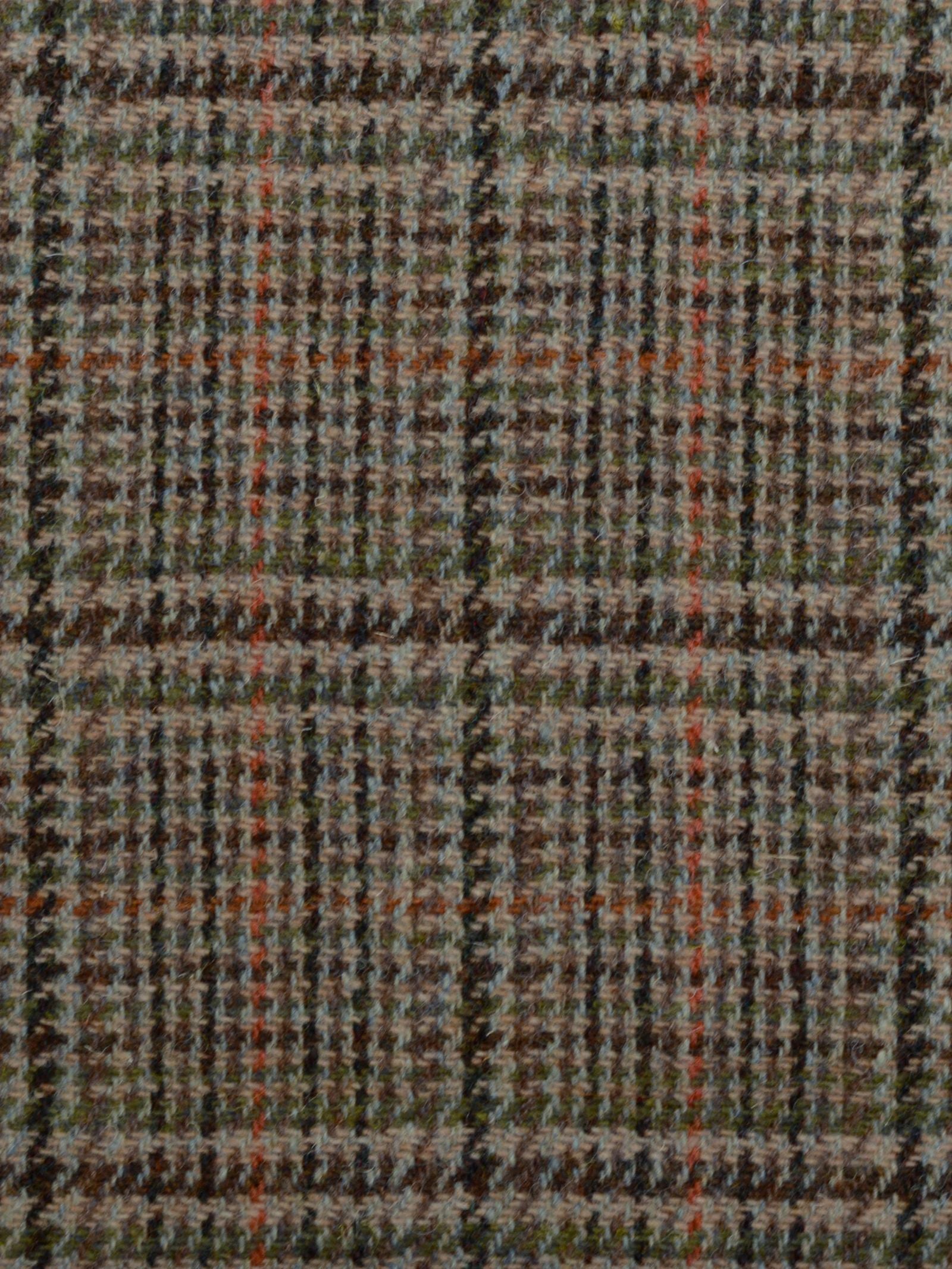 Close-up of Harris Tweed 93908 by Campbell's of Beauly, featuring a featherweight plaid with intersecting brown, grey, and orange lines. This Scottish tweed’s textured look is perfect for lightweight tailoring.