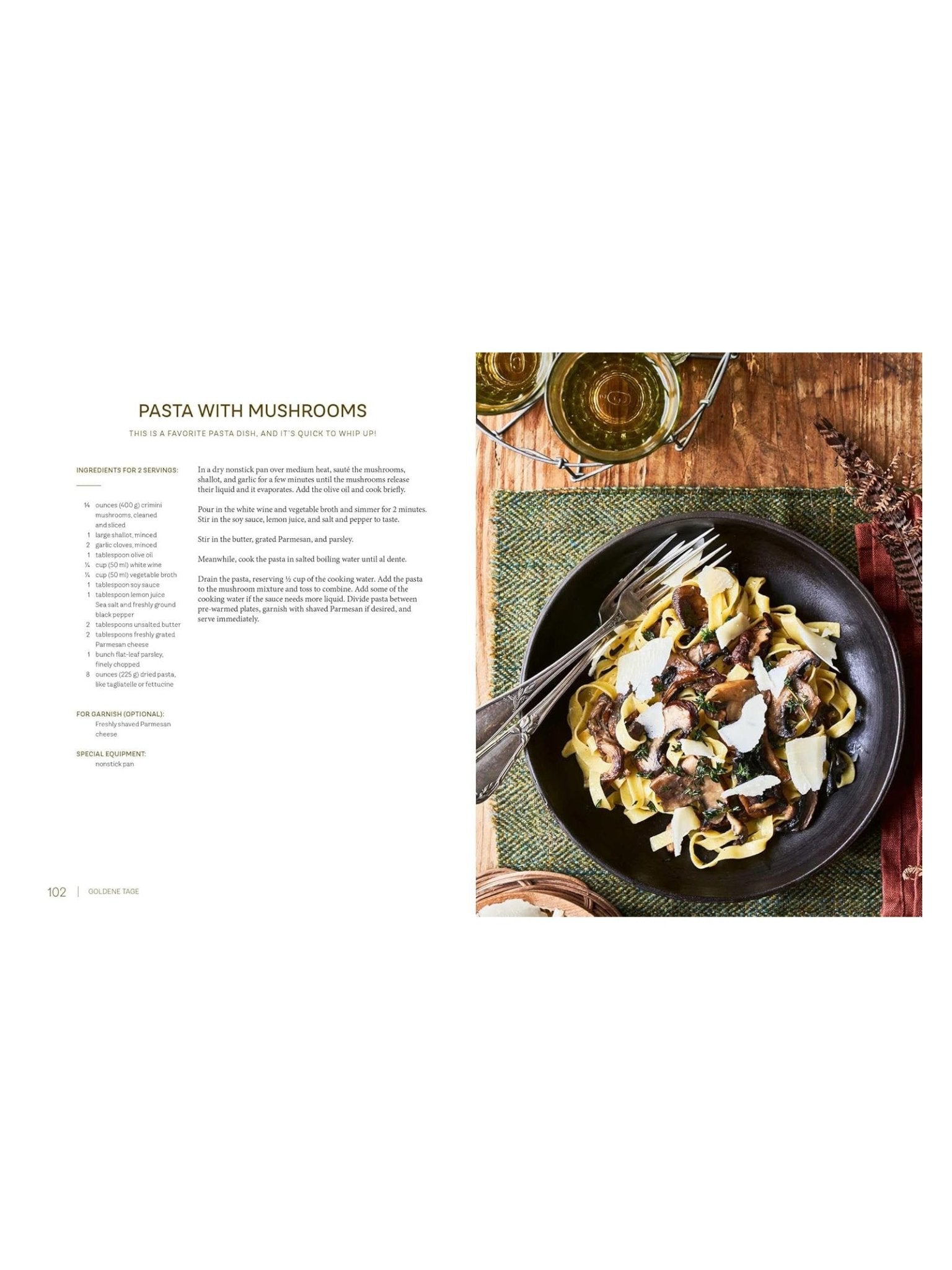 An open cookbook shows a pasta with mushrooms recipe next to pappardelle topped with herbs and cheese—perfect inspiration for exploring Campbell's of Beauly's Highland Harvest Book or other Scottish recipes.
