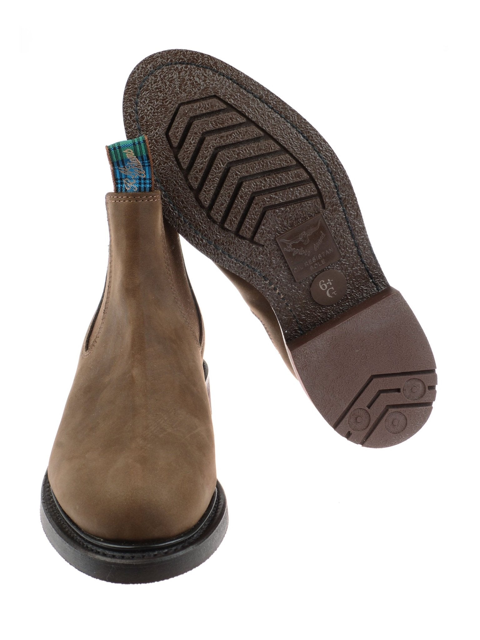 A pair of Men's R.M.Williams Highlander Boots by R.M.Williams x Campbell's of Beauly—one upright to reveal the brown leather side and one lying down, highlighting the textured rubber sole and blue-green pull tab in signature style.