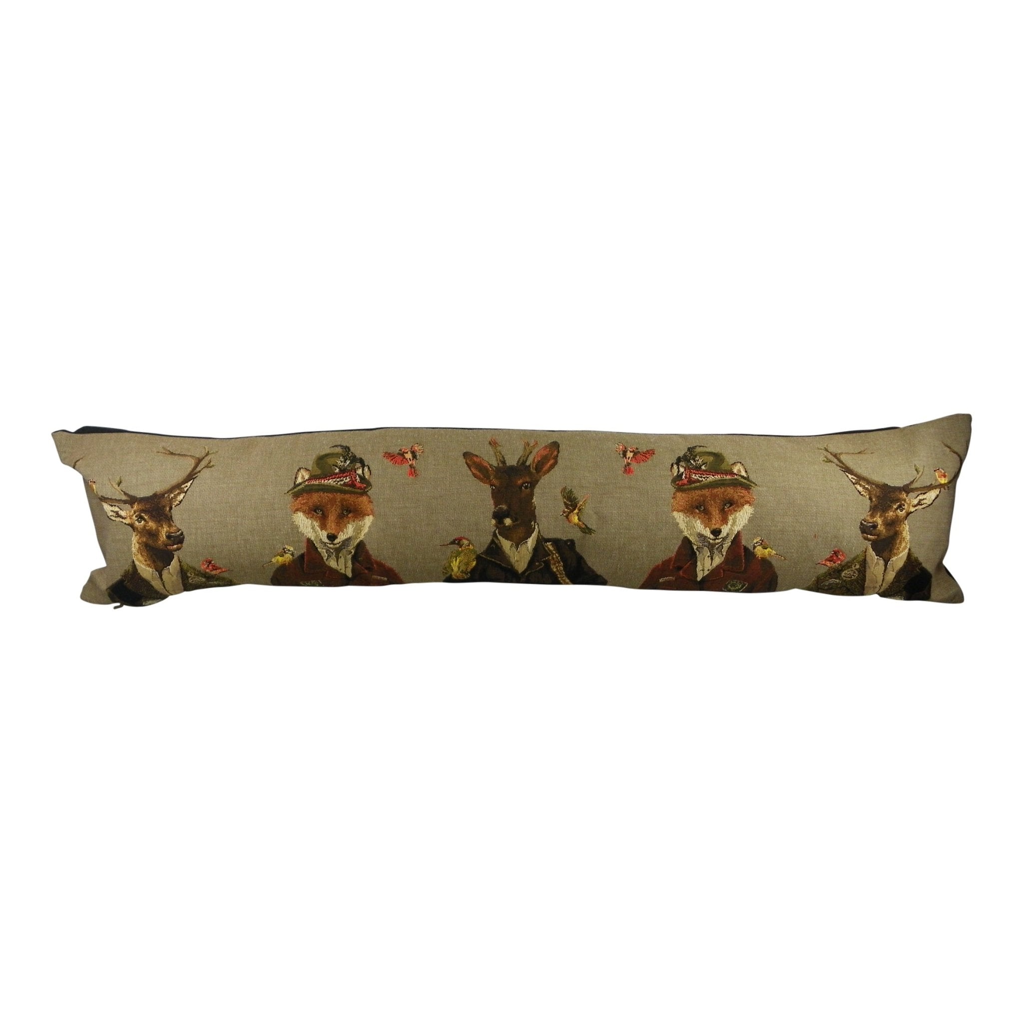 The Hunters Draught Excluder by Campbells of Beauly features foxes and stags in vintage clothing, with birds and butterflies on a beige background—perfect as a charming bolster cushion for your home.