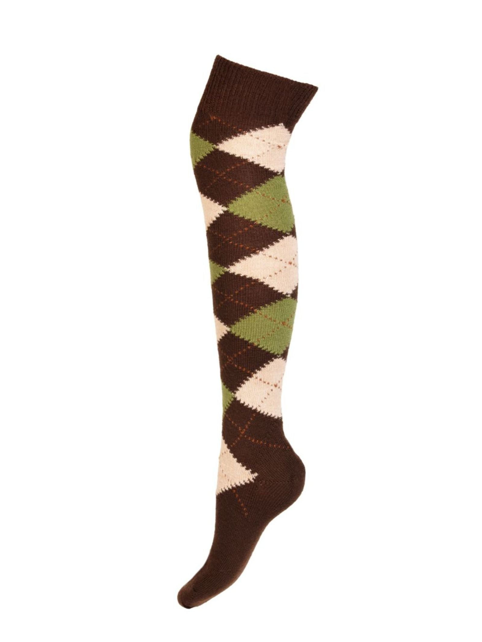 Campbell’s of Beauly Argyle Socks: a single handmade, knee-high sock in brown, green, and cream merino wool argyle pattern, crafted in Scotland and displayed on a plain white background.