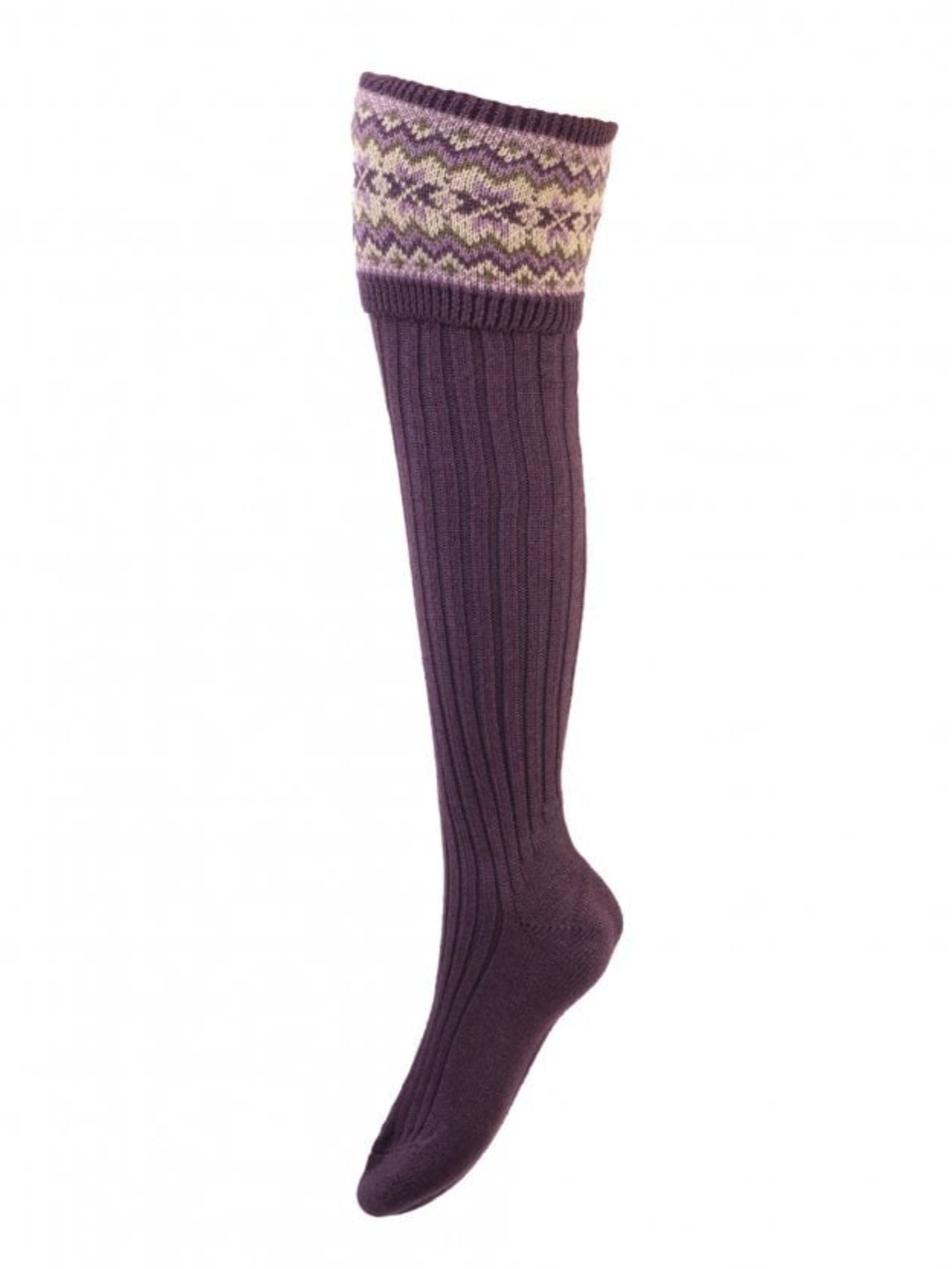 The Merino Fairisle Shooting Sock by Campbell's of Beauly is a single purple knee-high sock with ribbed texture and a folded cuff showcasing a beige and purple geometric pattern inspired by classic Scottish knitwear.