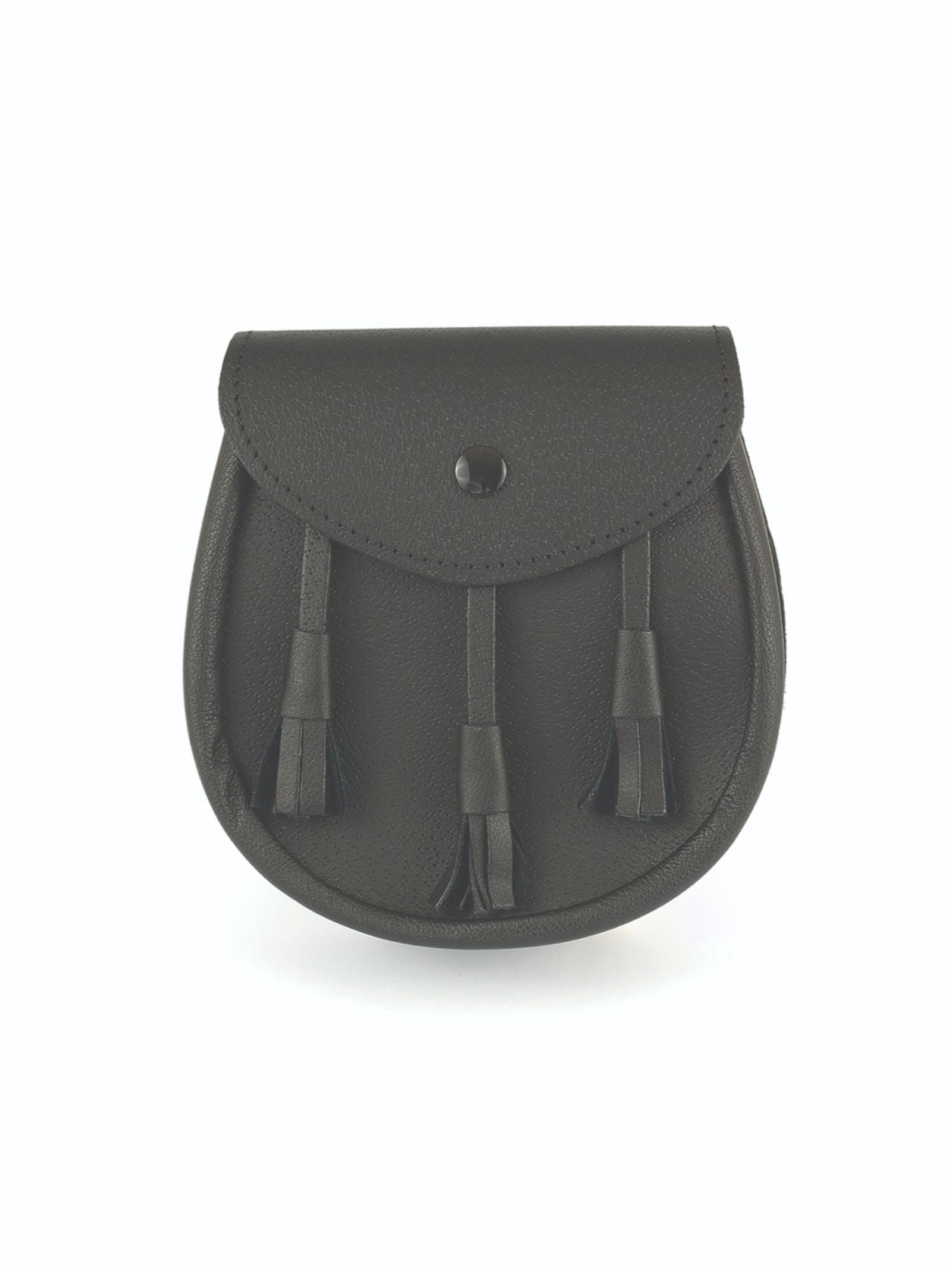 The Leather Daywear Sporran by Campbell's of Beauly is a small black leather accessory with a classic rounded shape, flap button closure, and three front tassels—ideal for complementing Highland dress.