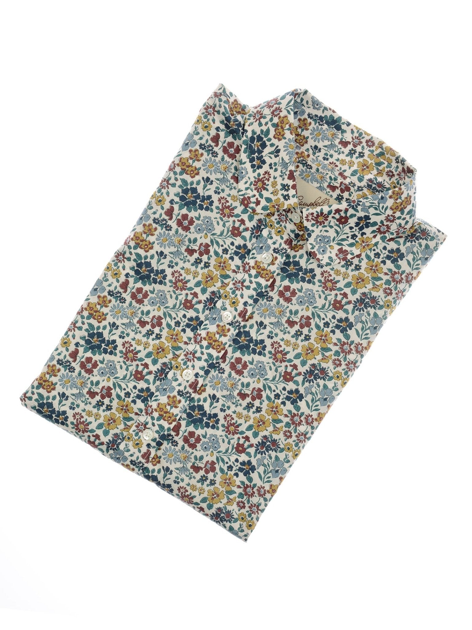 The Campbell's of Beauly Liberty Print Cotton Shirt features long sleeves and a floral pattern in yellow, red, and blue on white Tana Lawn cotton, folded neatly against a plain white background.