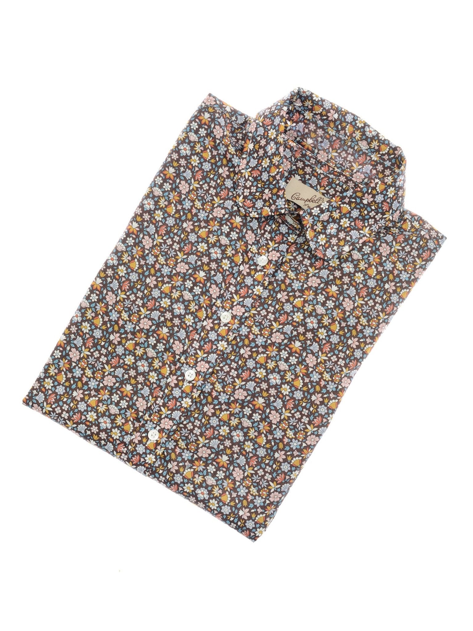 The Liberty Print Cotton Shirt by Campbell's of Beauly features long sleeves and a multicolored floral pattern with small white, yellow, and pink flowers on dark Tana Lawn cotton.