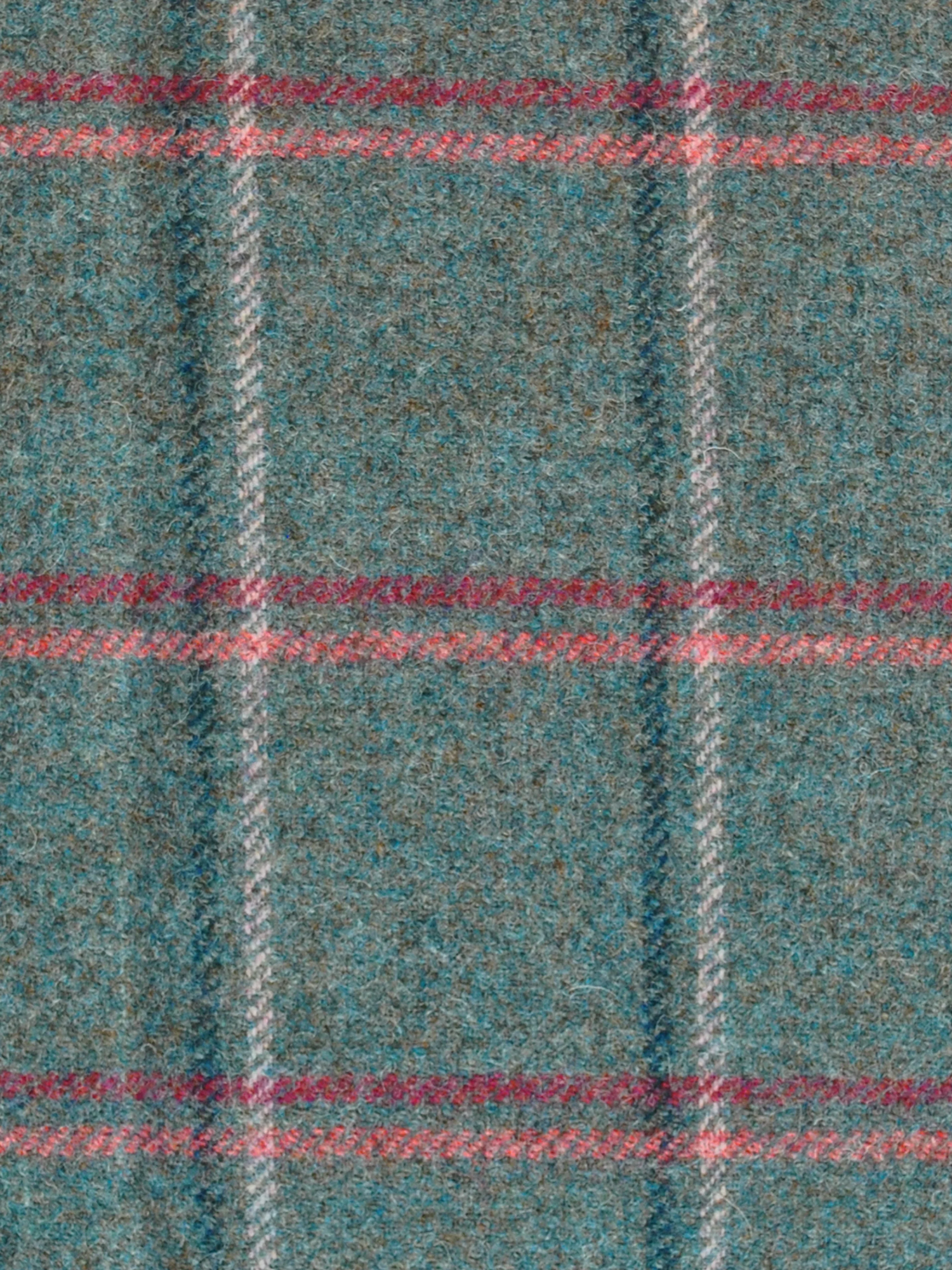 Close-up of wool fabric with a teal base, featuring a plaid pattern of intersecting light grey and red lines forming squares. The texture is soft and slightly fuzzy.
