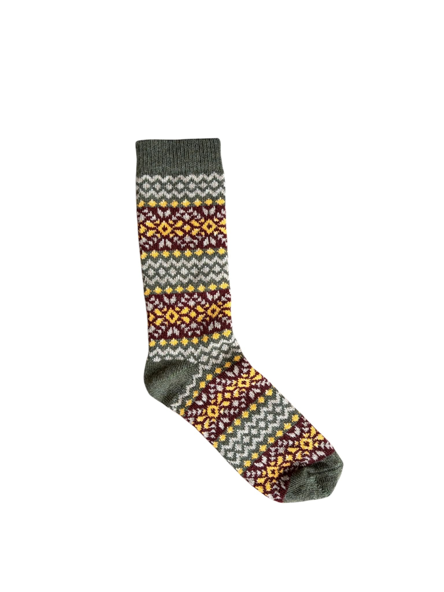 A single Campbell’s of Beauly Fairisle Sock, featuring a Nordic-inspired pattern in gray, yellow, burgundy, and white tones, crafted from a soft wool and cotton blend and laid flat on a white background.