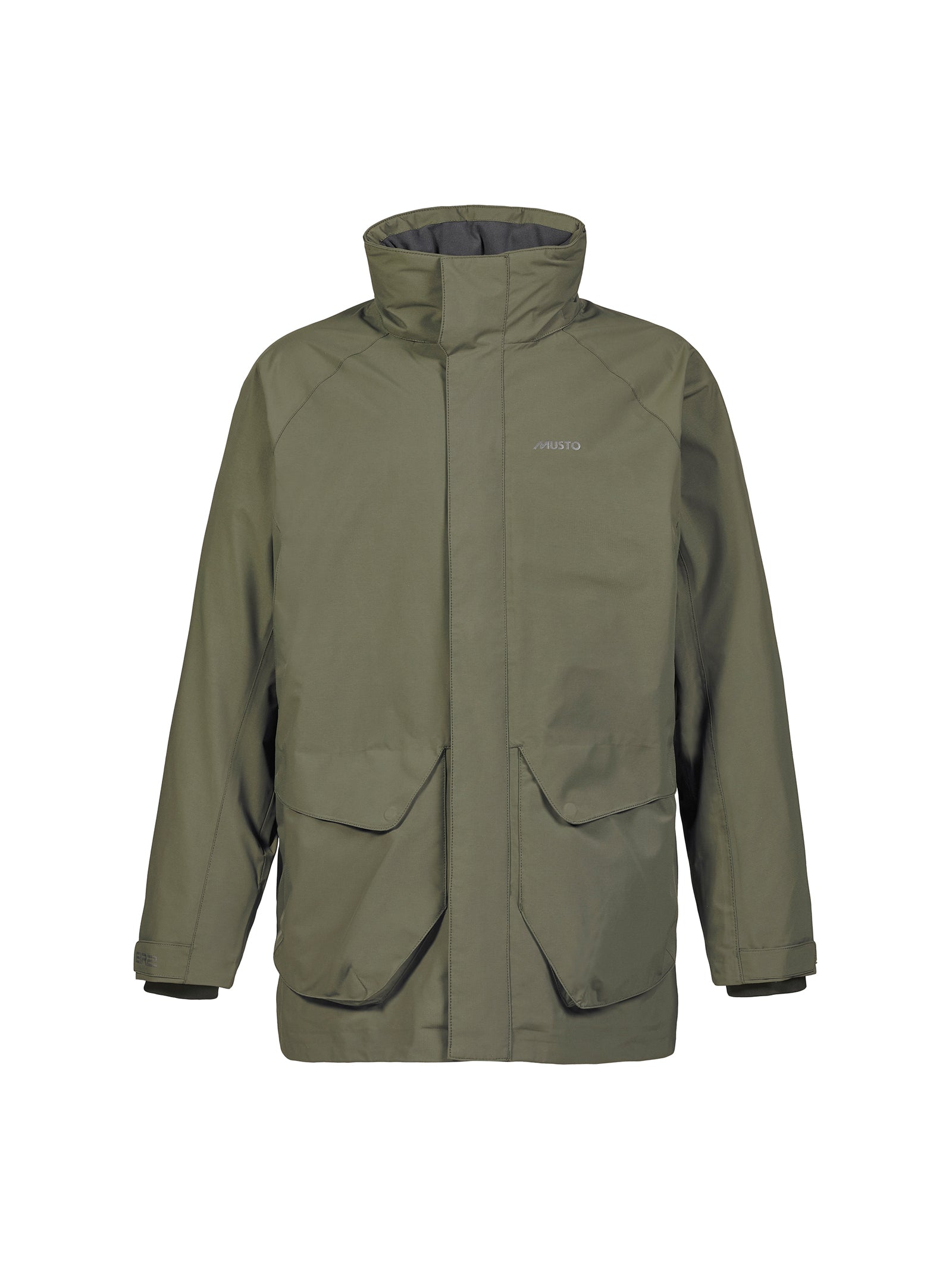 The Musto Fenland Jacket 2.0 is an olive green waterproof jacket with a high collar, front zipper and snap closure, two large front flap pockets, chest branding, and a FLEXVIEW hood—perfect for outdoor wear.