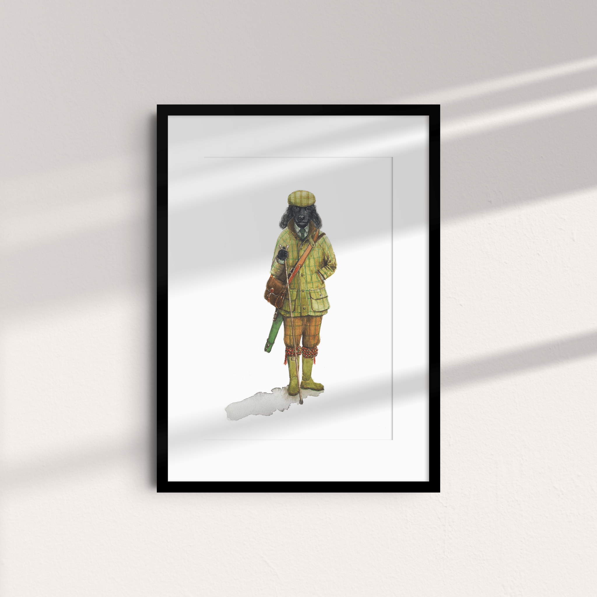 Plus Fours Unframed Print by Campbells of Beauly features Sophie Murray’s illustration of a figure in yellow hunting attire with a green rifle on a light surface, sunlight casting diagonal shadows behind.