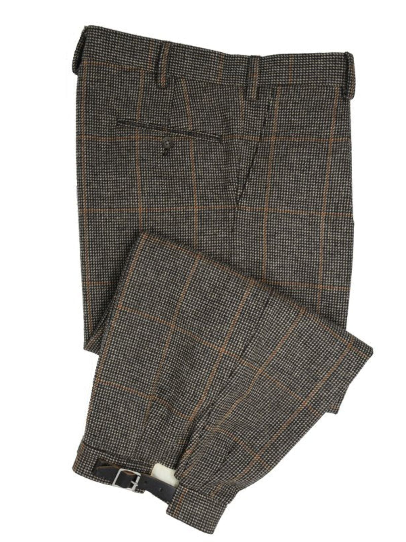 Campbell's of Beauly Plus Fours: folded brown plaid trousers inspired by classic country sports, featuring a subtle check, side buckle detail, belt loops, back button pocket, and finished hems.