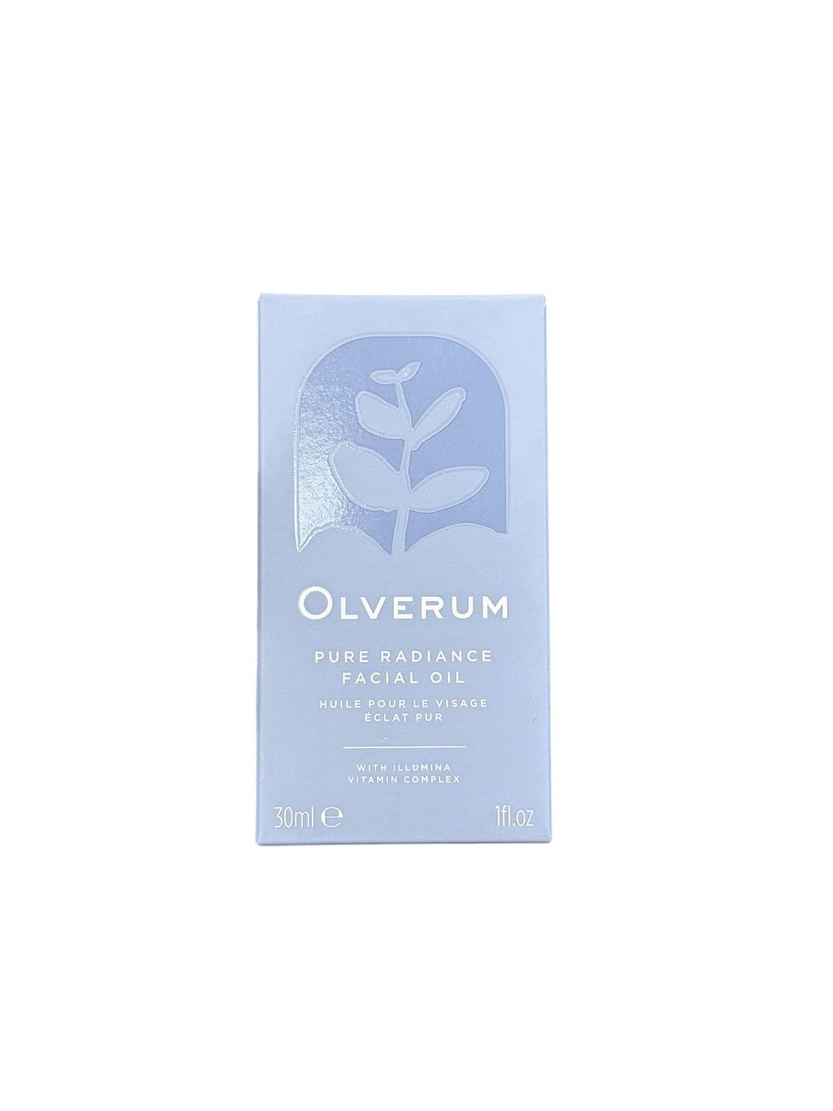 Light blue rectangular box for Olverum Pure Radiance Facial Oil featuring a leaf icon and volume information.
