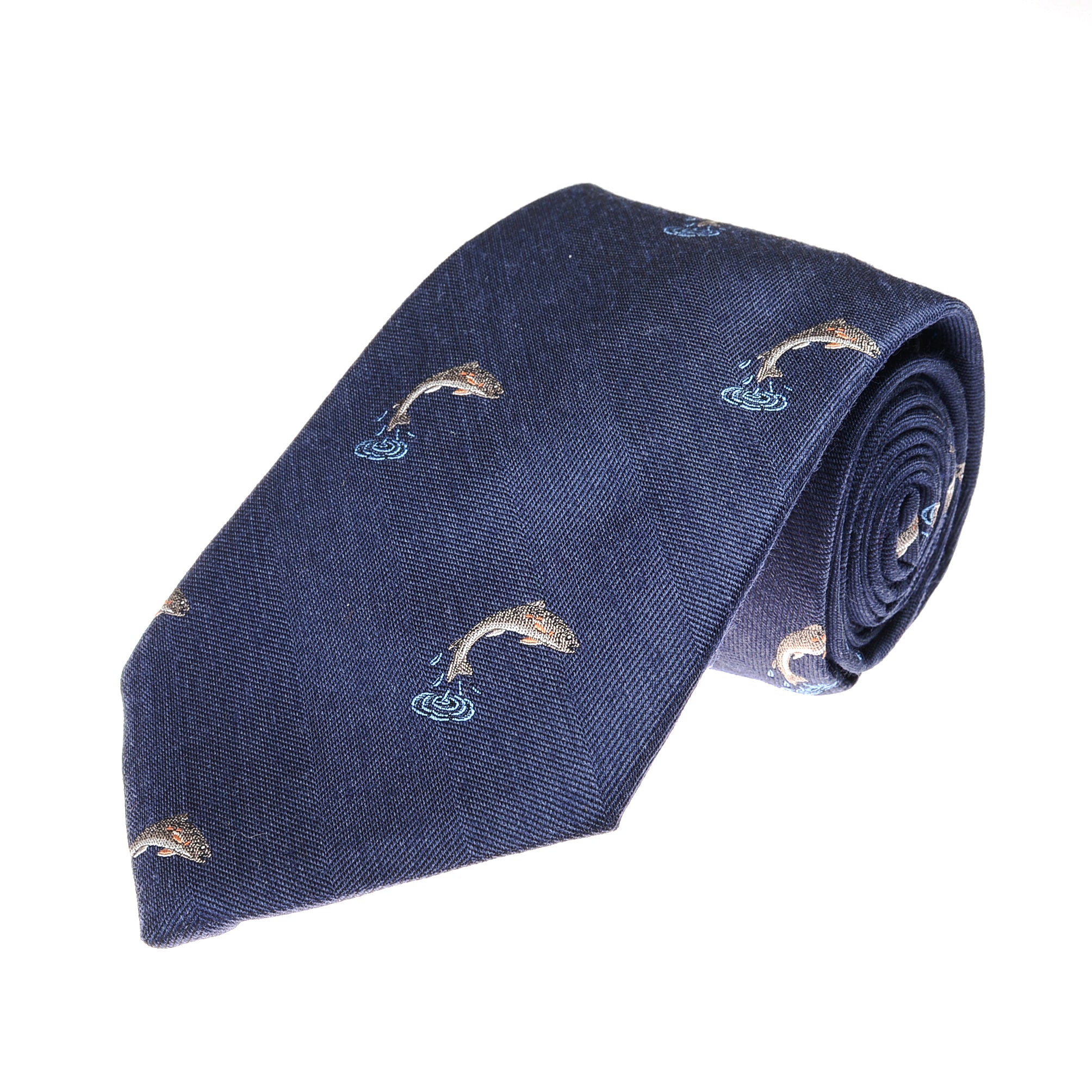 The Salmon Silk Tie by Campbell's of Beauly is a dark blue silk tie featuring a pattern of jumping fish and water ripples.