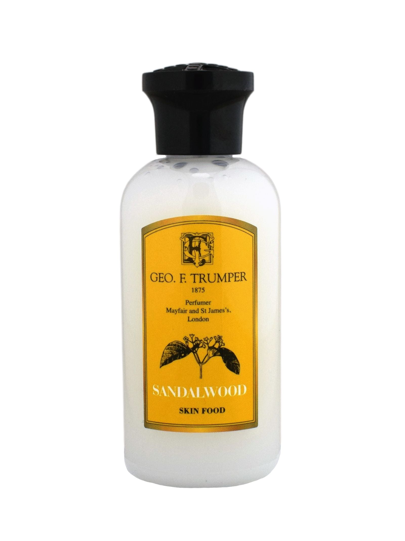A white bottle of Geo. F. Trumper Sandalwood Skin Food with a black cap and yellow label—ideal for enhancing your grooming routine.