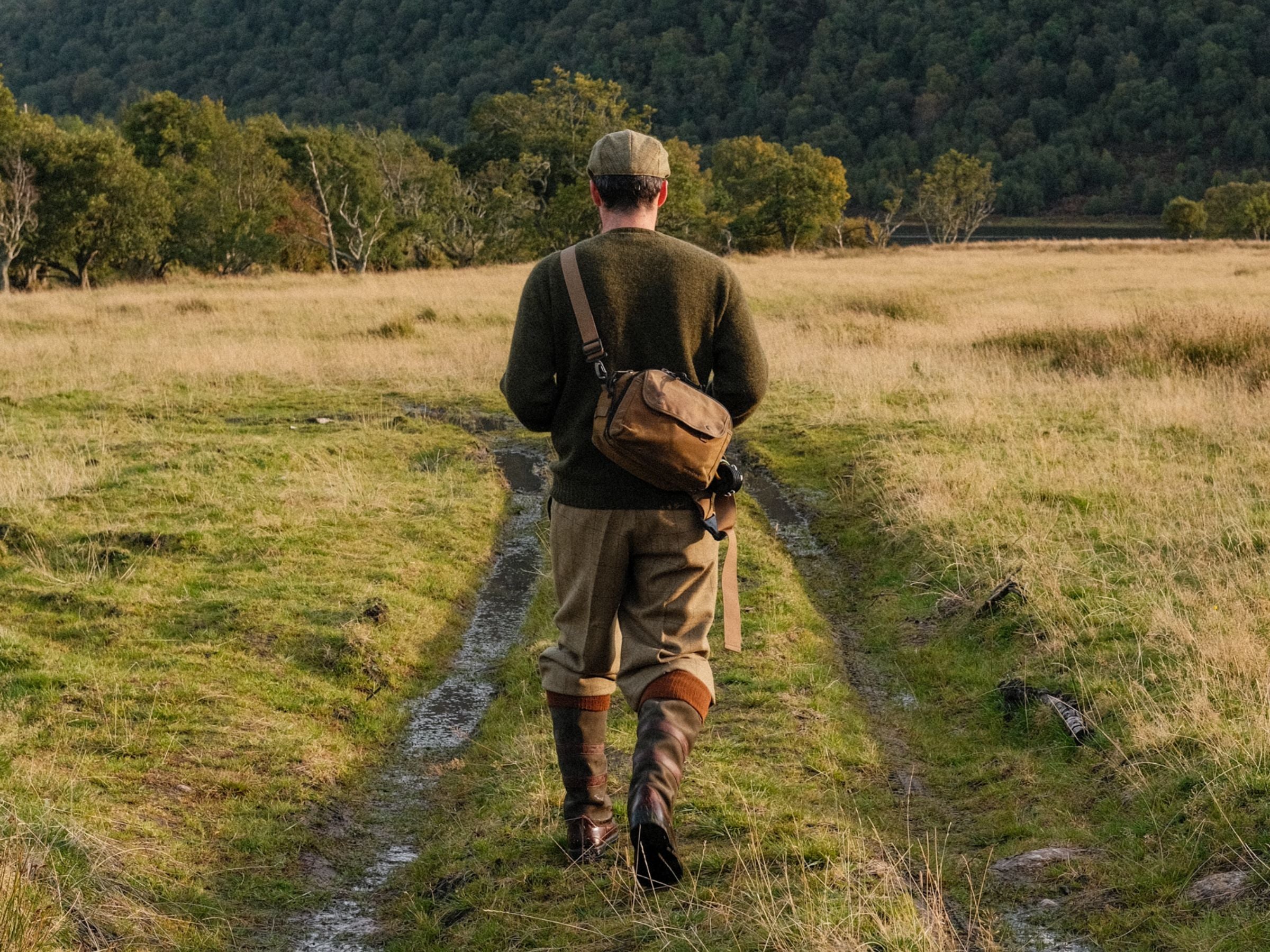 A person wearing outdoor clothing and boots walks away on a grassy path through a field, with trees and hills in the background.