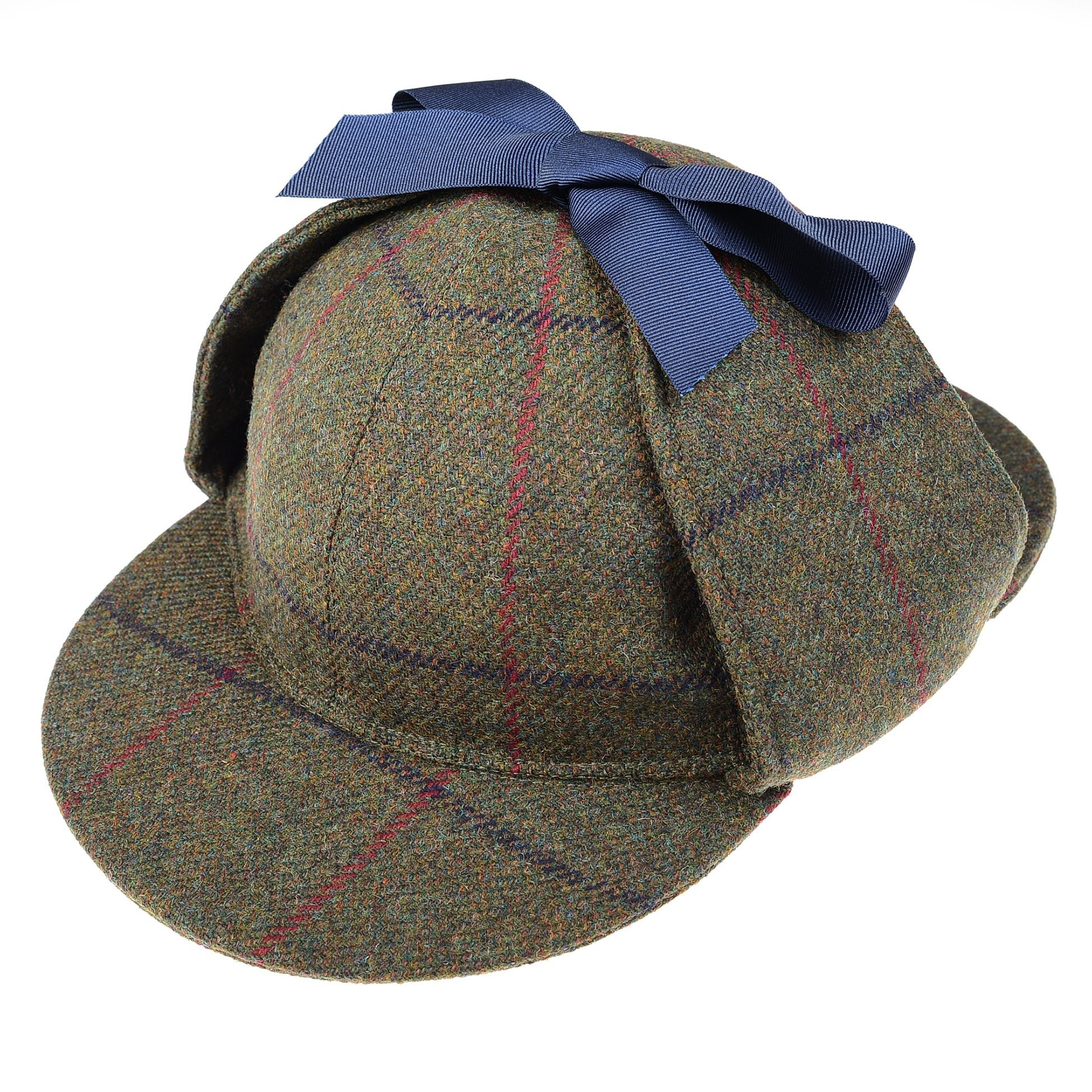 The Campbells of Beauly Sherlock Holmes Hat is crafted from brown and green plaid fabric, featuring classic earflaps and a dark blue ribbon bow on top.