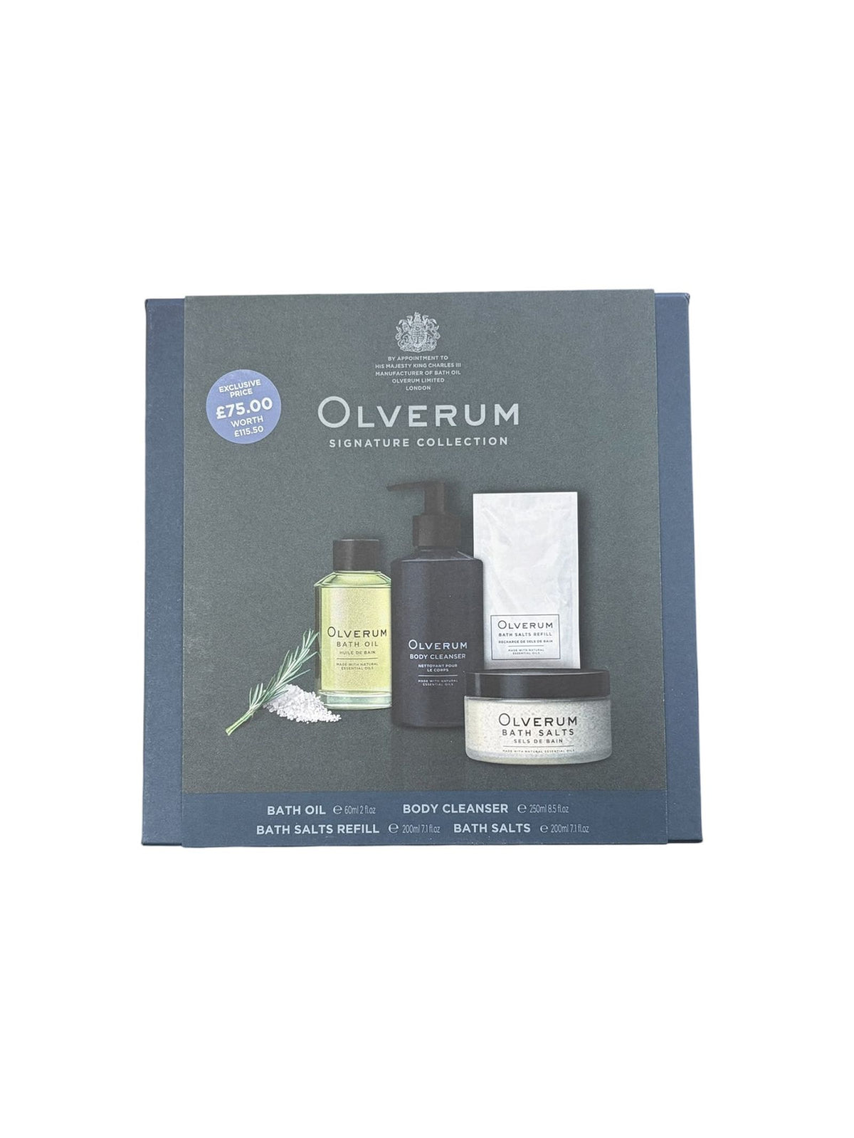 An Olverum Signature Collection gift set containing a bottle of bath oil, a bottle of body cleanser, a pouch of bath salt refill, and a jar of bath salts.