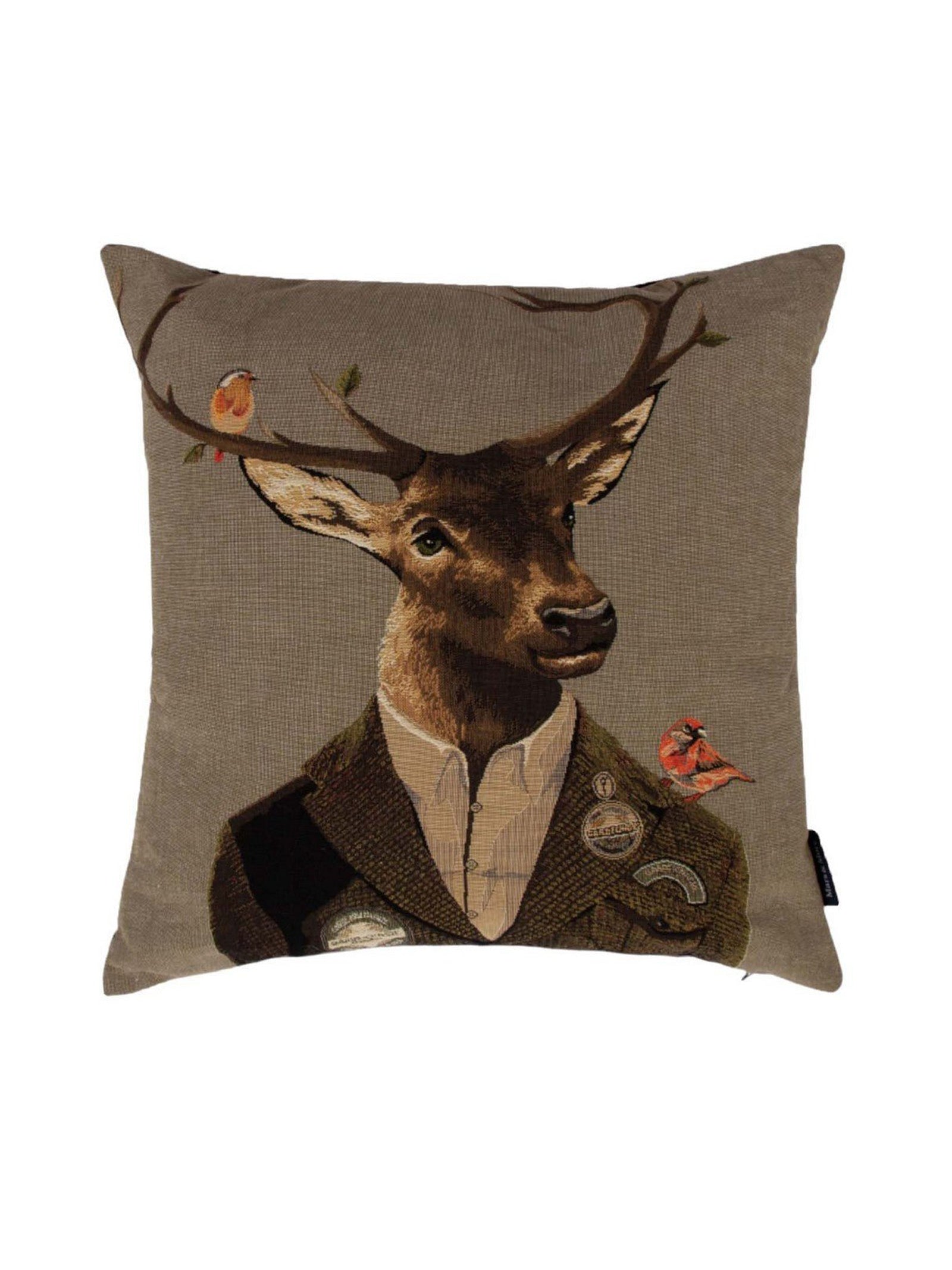 Add a touch of charm to your space with the Stag Cushion Cover by Campbell’s of Beauly, featuring a whimsical design of a deer dressed in a suit with birds perched on its antlers and shoulder. Set against a plain, neutral-colored background, this unique countryside cushion cover makes an eye-catching accent for any room.