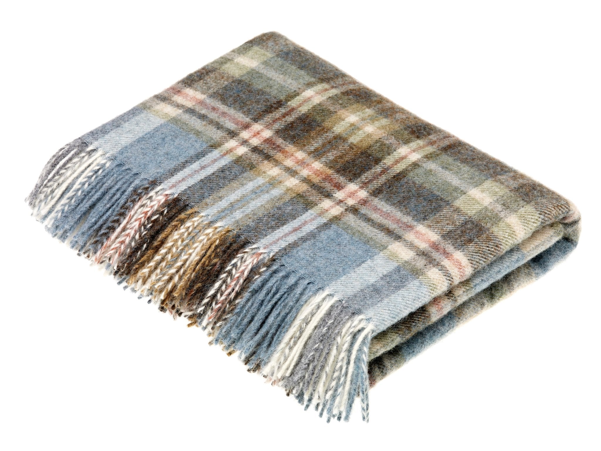The Strathcarron Lambswool Throw by Campbell’s of Beauly, in blue, brown, and cream plaid with fringed edges, brings classic warmth and charm against a white backdrop.