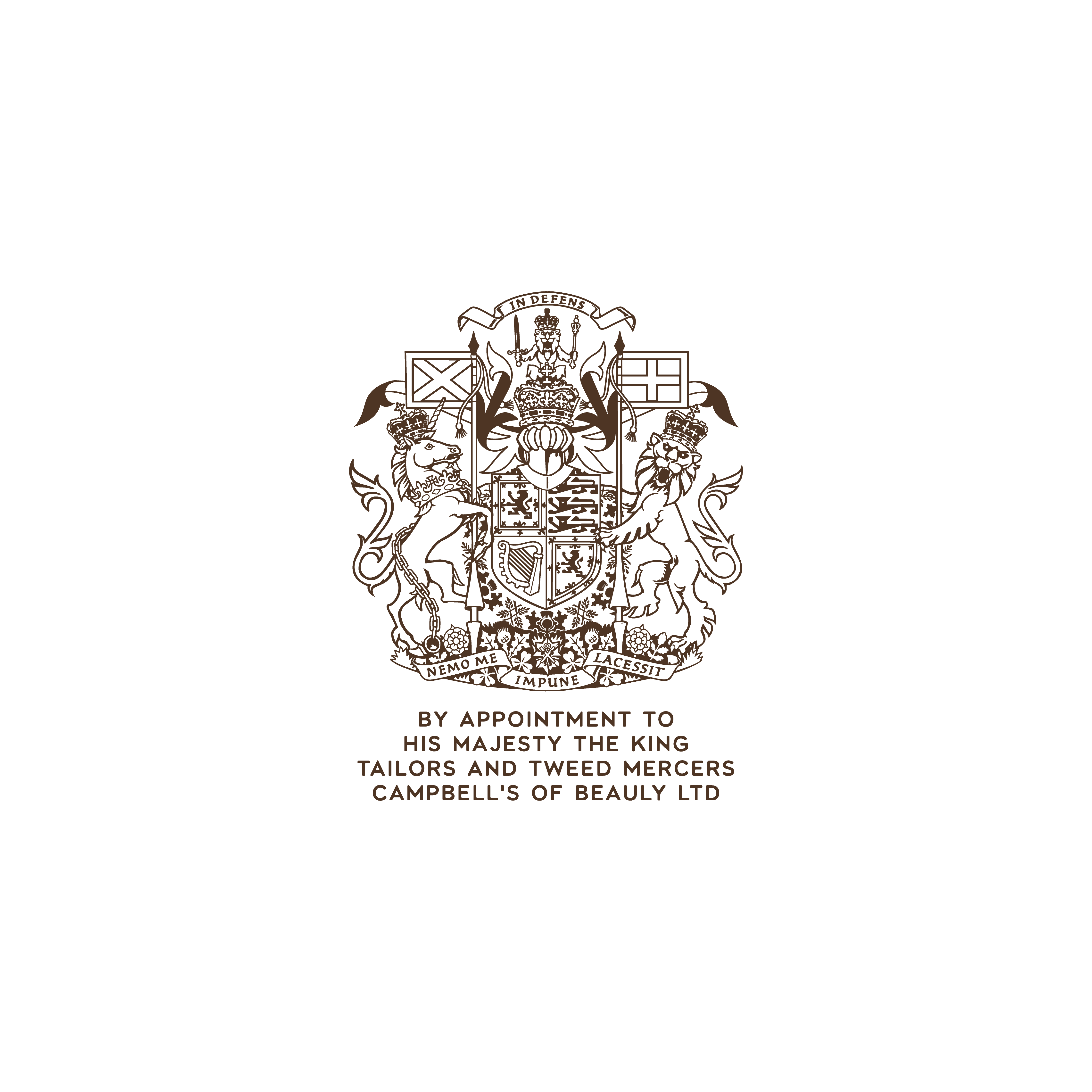 Coat of arms with a lion and unicorn flanking a shield, crowned with a lion. Text below reads: By appointment to His Majesty the King Tailors and Tweed Mercers Campbells of Beauly Ltd.