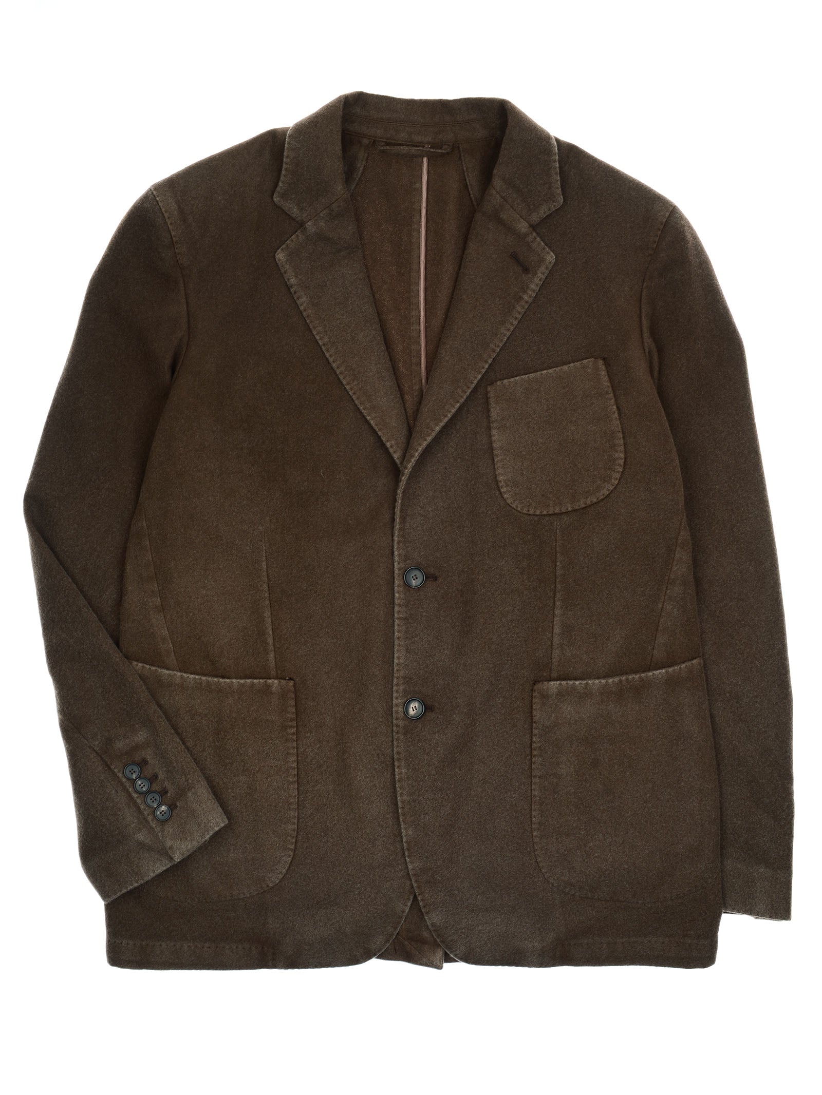 The Washed Cashmere Jacket by Campbell's of Beauly features a notched lapel, two lower front patch pockets, one upper patch pocket, a two-button closure, and buttons on the left cuff, shown laid flat on a white background.