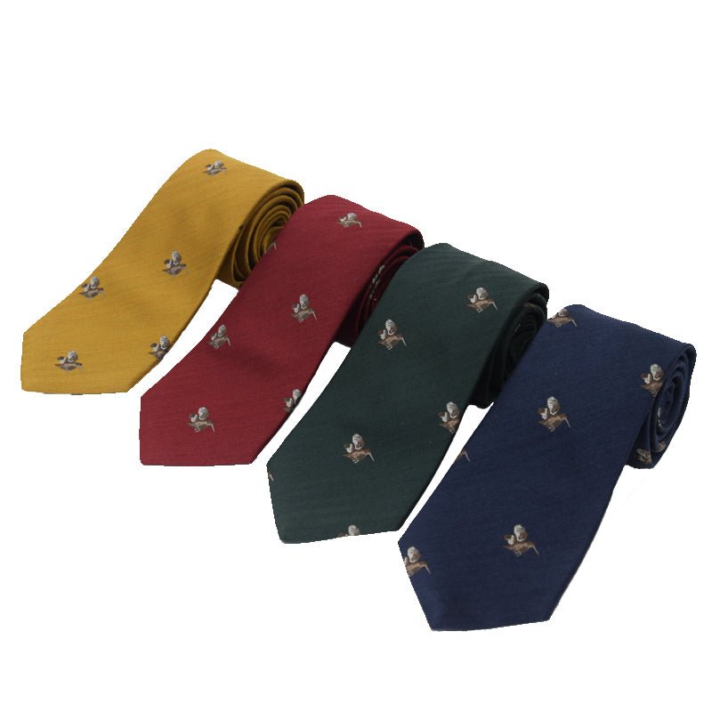 Four rolled Woodcock Silk Ties by Campbells of Beauly in yellow, red, green, and navy blue, each with a repeating motif of crossed golf clubs and balls—crafted from the finest silk for a countryside look.