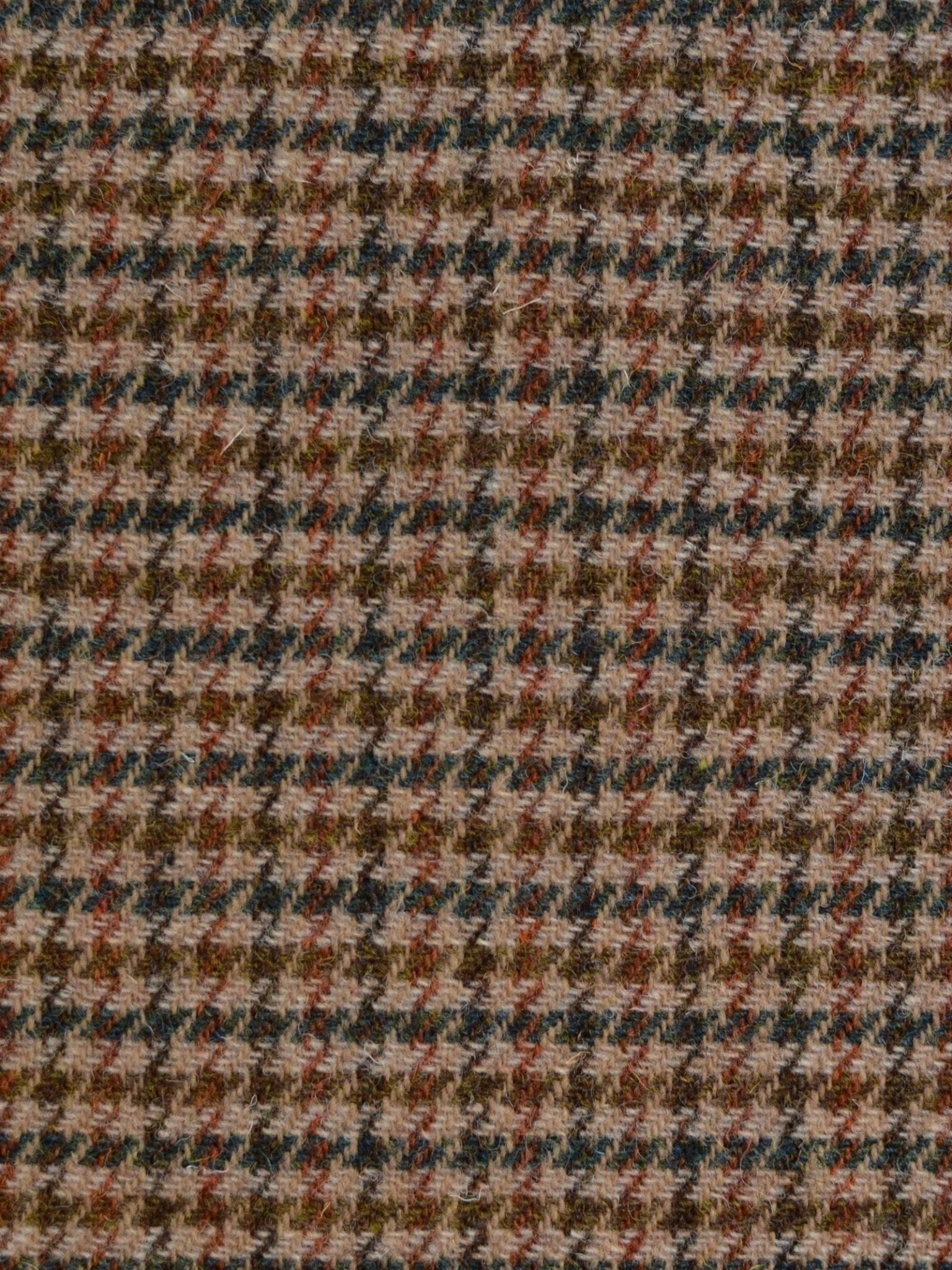 Close-up of Harris Tweed 93887 by Campbell's of Beauly—a featherweight cloth with a houndstooth pattern in brown, beige, black, and orange, inspired by Scottish weaving and ideal for clothing or upholstery.