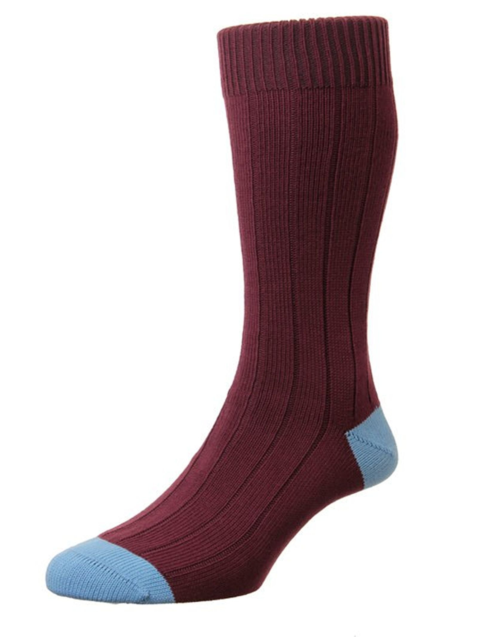 A single Campbell’s of Beauly Oxford Sock in maroon ribbed cotton, featuring light blue toe and heel accents, crafted in the UK and ideal for everyday wear, is displayed on a white background.