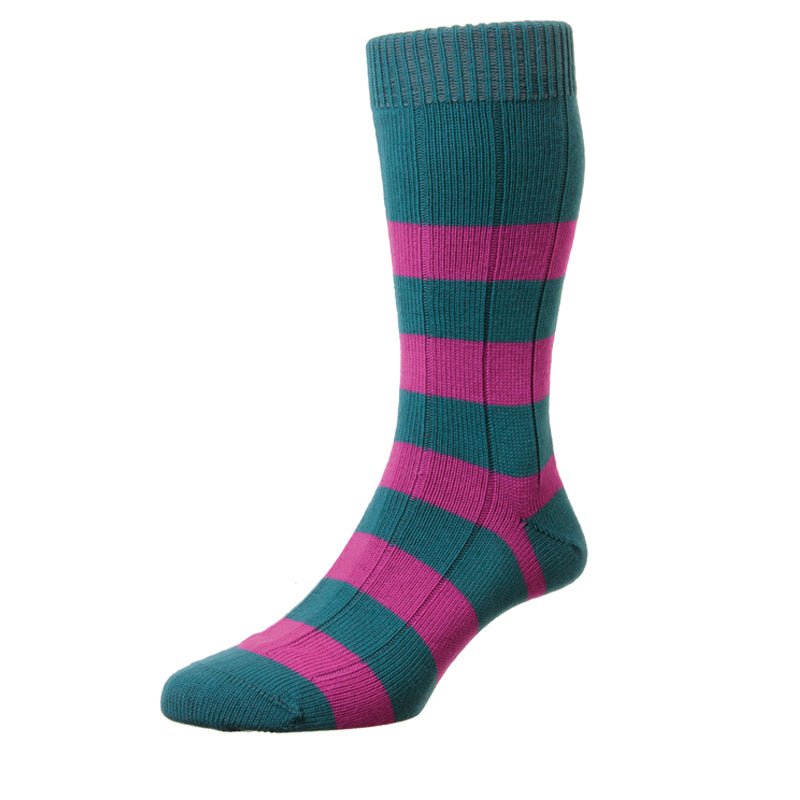 Campbell's of Beauly Stripe Socks: knee-high cotton socks in teal and magenta rugby stripes with reinforced heel and toe.