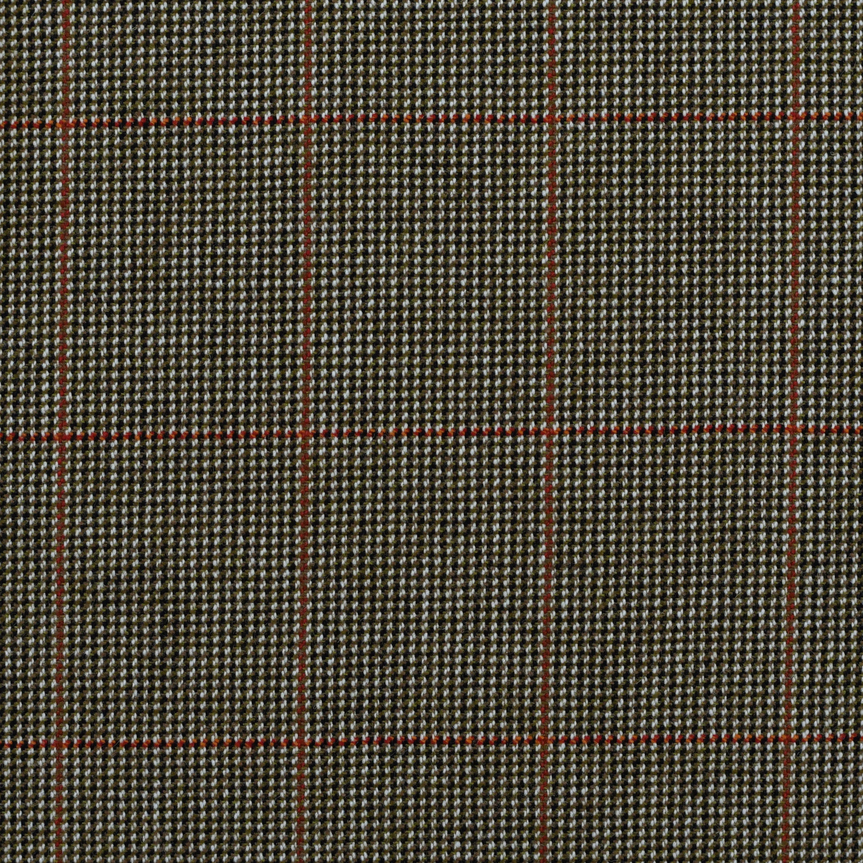 A close-up of House Tweed 30242 by Campbells of Beauly showcases brown checkered tweed with fine red grid stripes—a prime sample of British textile ideal for lightweight garments.