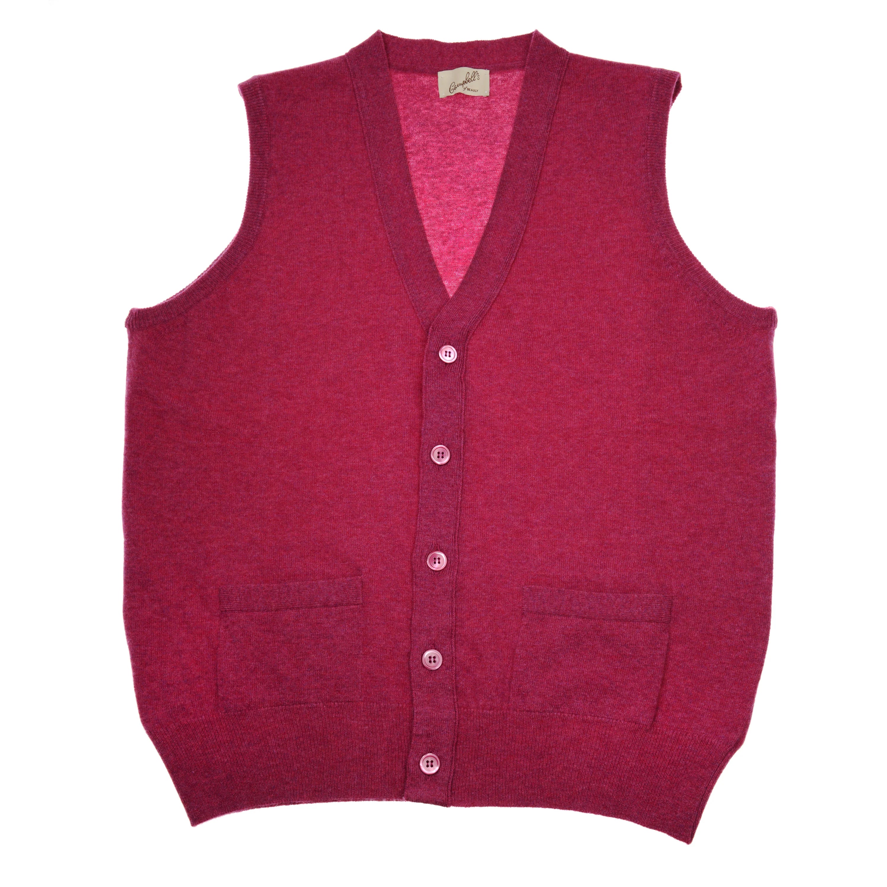 The Auld Stock Geelong Button Waistcoat by Campbell's of Beauly is a sleeveless, red knit vest with a V-neck, front buttons, and two pockets—perfect for adding classic style to your country wardrobe.