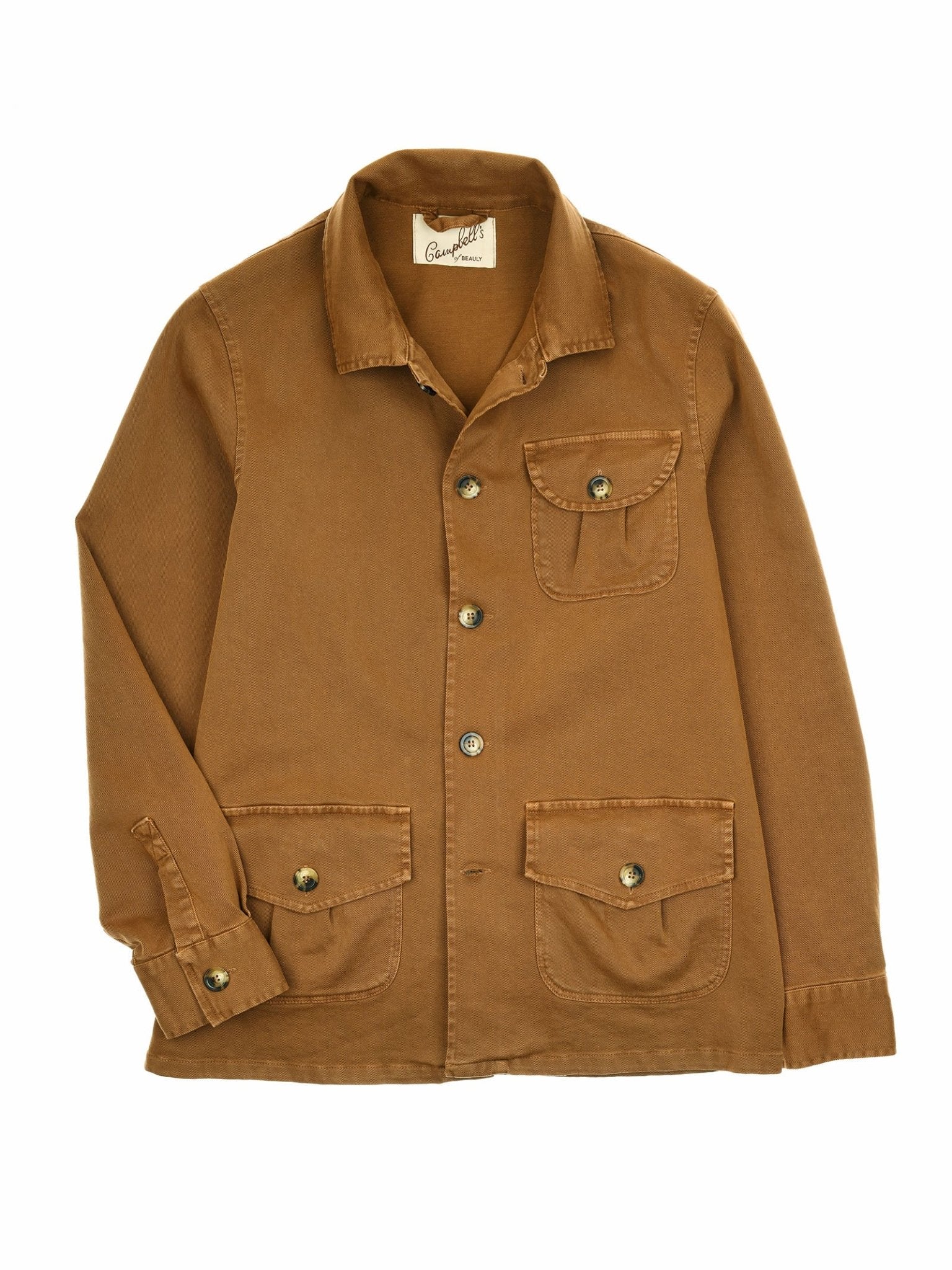 The Field Chore Jacket II by Campbell's of Beauly is a brown cotton men's jacket featuring a collar, button front, and three buttoned flap pockets—one chest and two lower. The jacket is displayed flat on a white background.