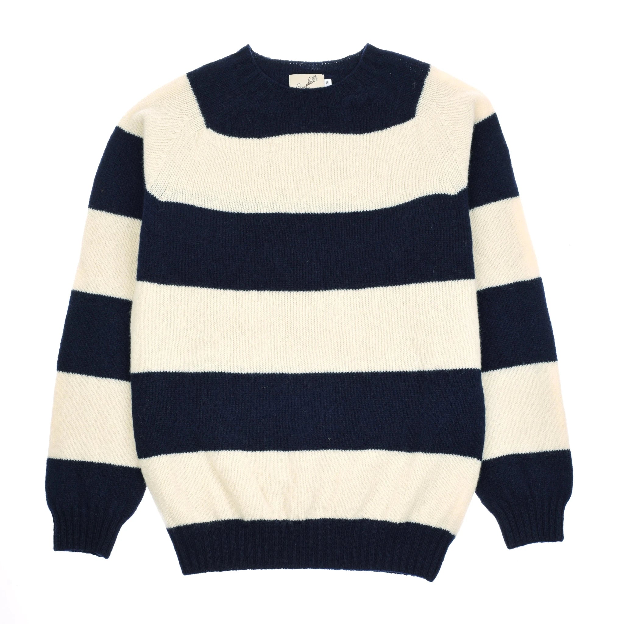 The Campbell's of Beauly Auld Stock Shetland Stripe Crew Jumper features wide navy and white stripes, a crew neckline, ribbed cuffs and hem, and is crafted from cozy Shetland lambswool.