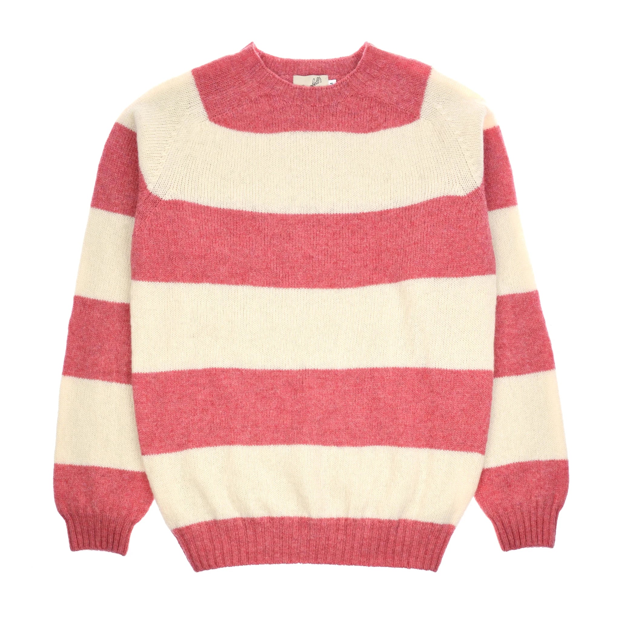 The Auld Stock Shetland Stripe Crew Jumper by Campbell's of Beauly features wide pink and off-white stripes, a crew neckline, ribbed cuffs and hem, and is crafted from soft Shetland lambswool for classic style and heritage quality.