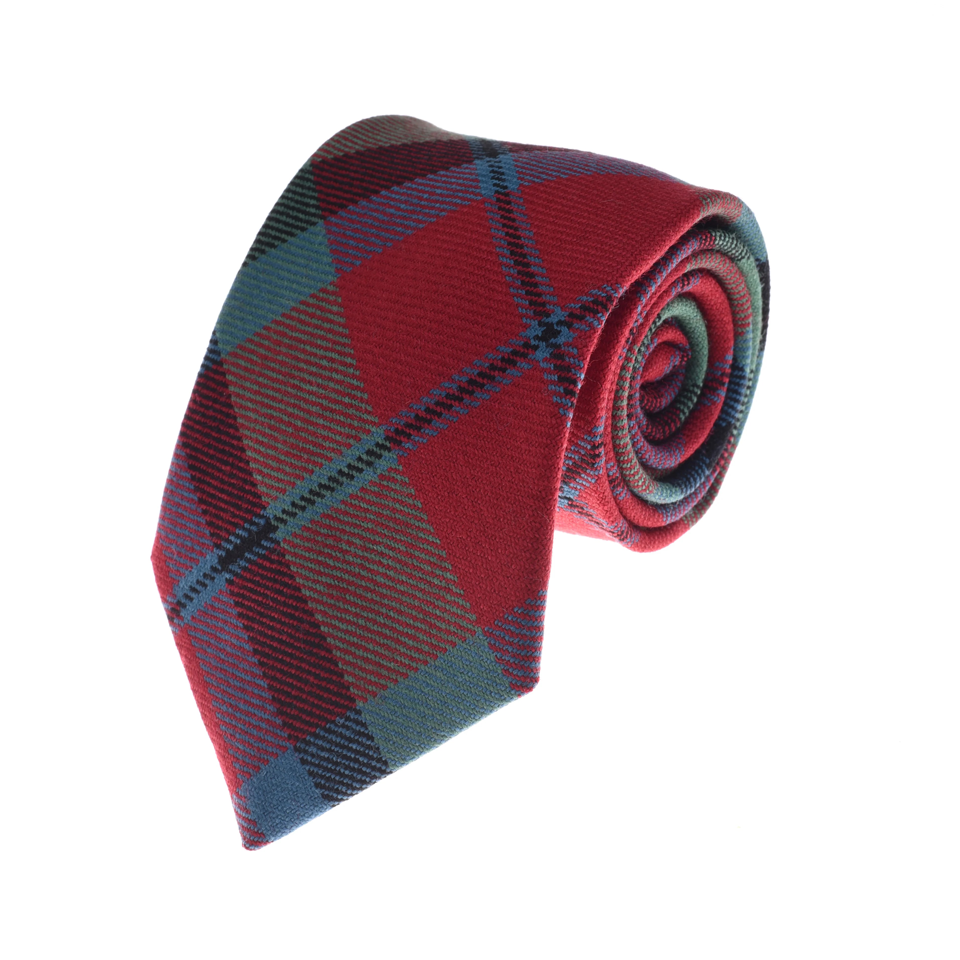 The Tartan Tie by Campbell's of Beauly features classic red, blue, green, and black plaid stripes in fine wool—neatly rolled on a white background and ideal for formal occasions.