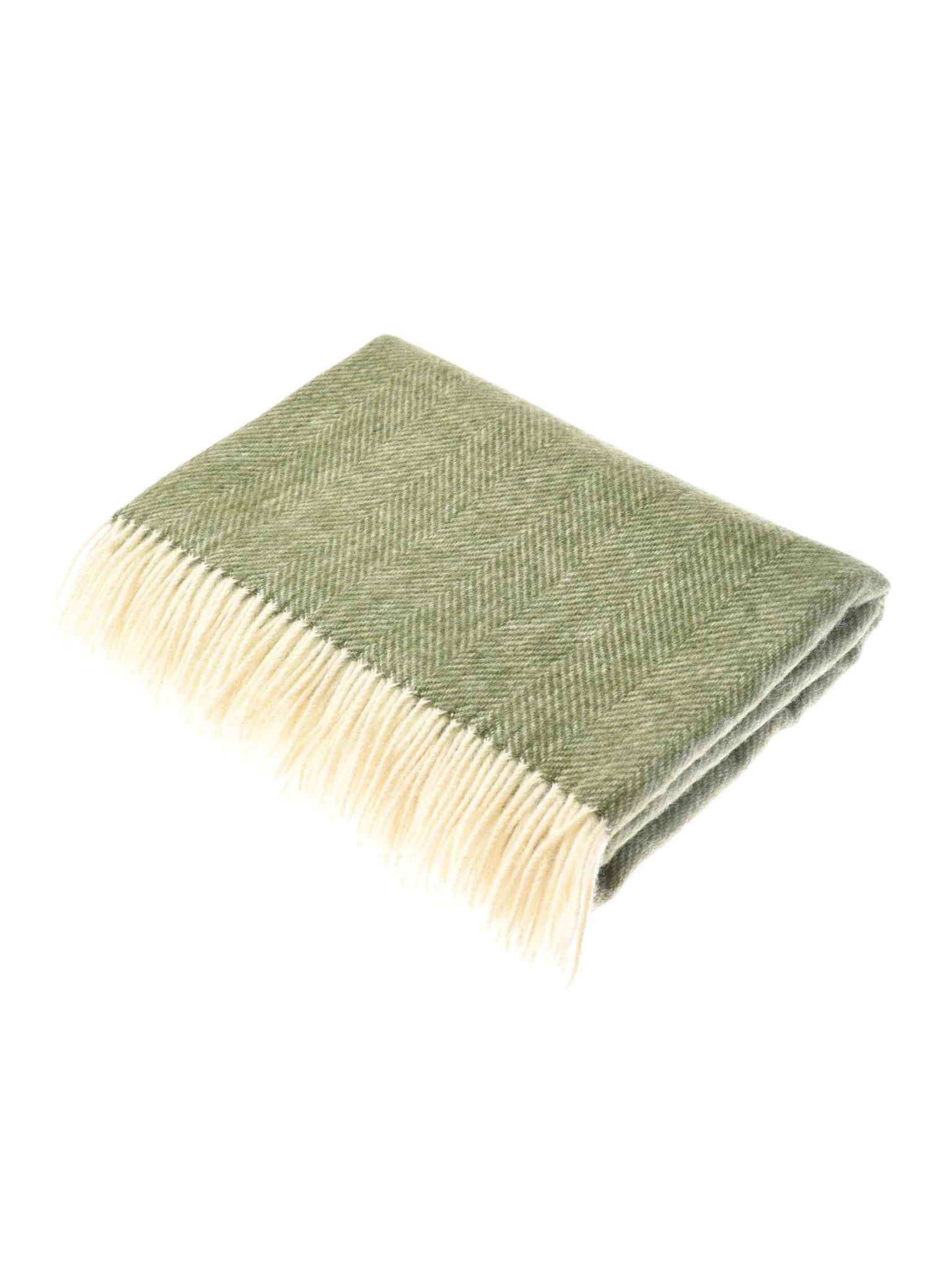 The Campbell's of Beauly British Wool Green Throw features a green herringbone pattern with a cream fringe, crafted in Scotland and shown on a white background.