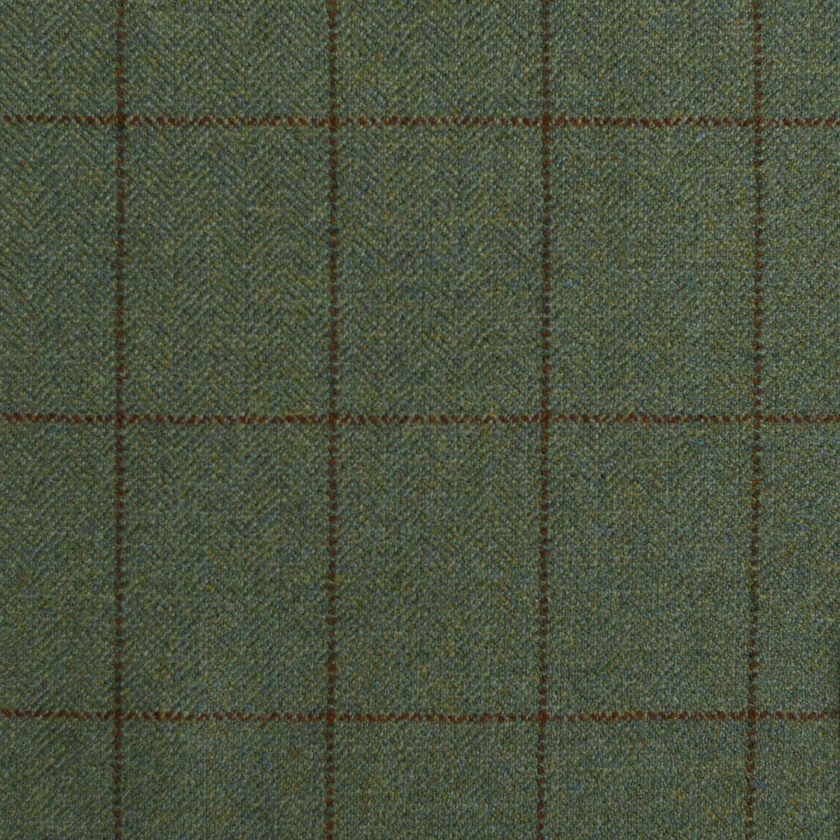A close-up of Campbells of Beauly House Tweed 30174 shows its green fabric with thin brown lines in a subtle plaid pattern, highlighting the woven texture and making it ideal for bespoke tailoring.