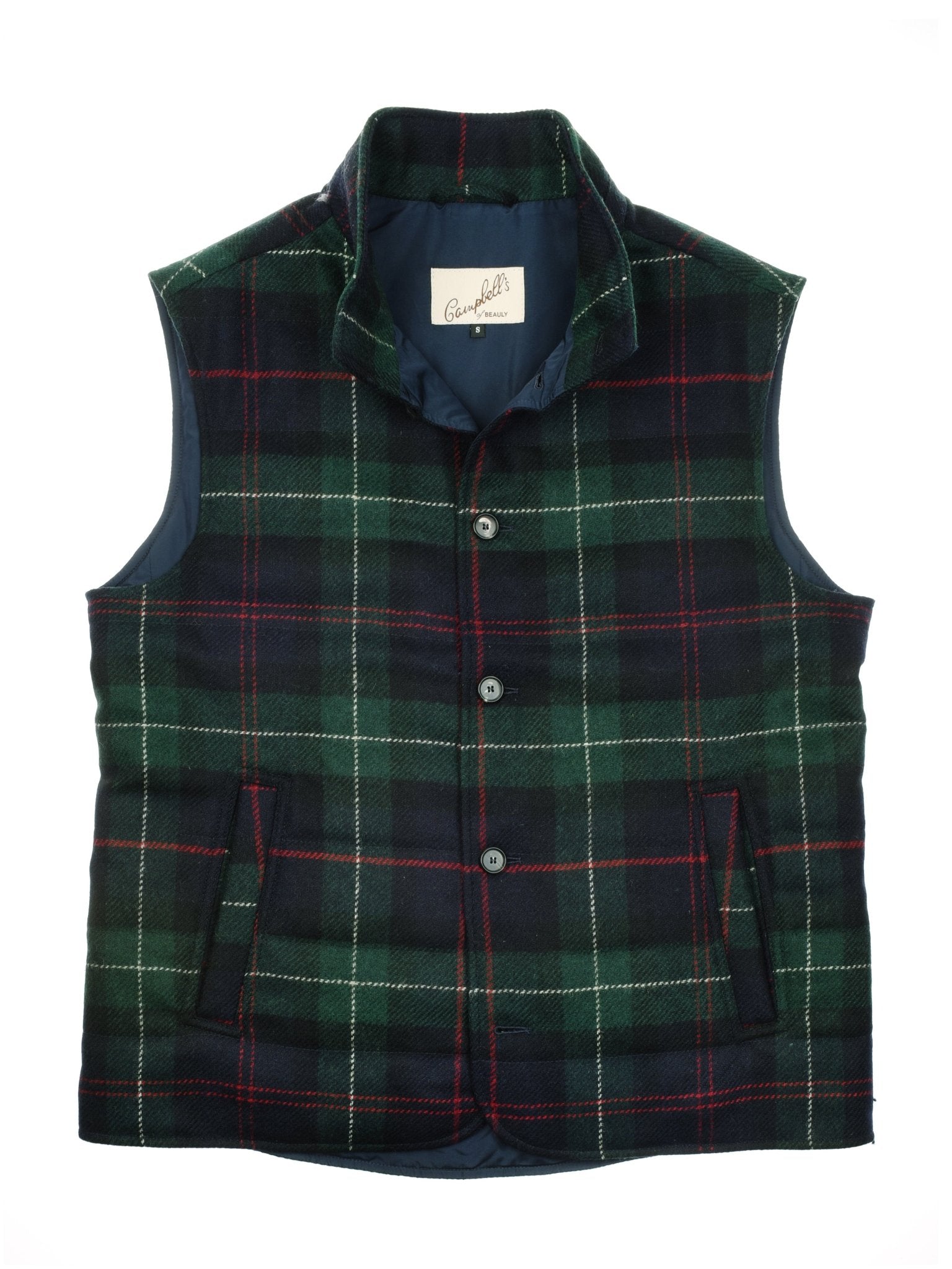 The Auld Stock Quilted Tweed Buttoned Gilet by Campbell’s of Beauly is a sleeveless, green, black, and red tartan gilet with a stand-up collar, three front buttons, soft quilted tweed fabric, and Campbells label—ideal for layering.