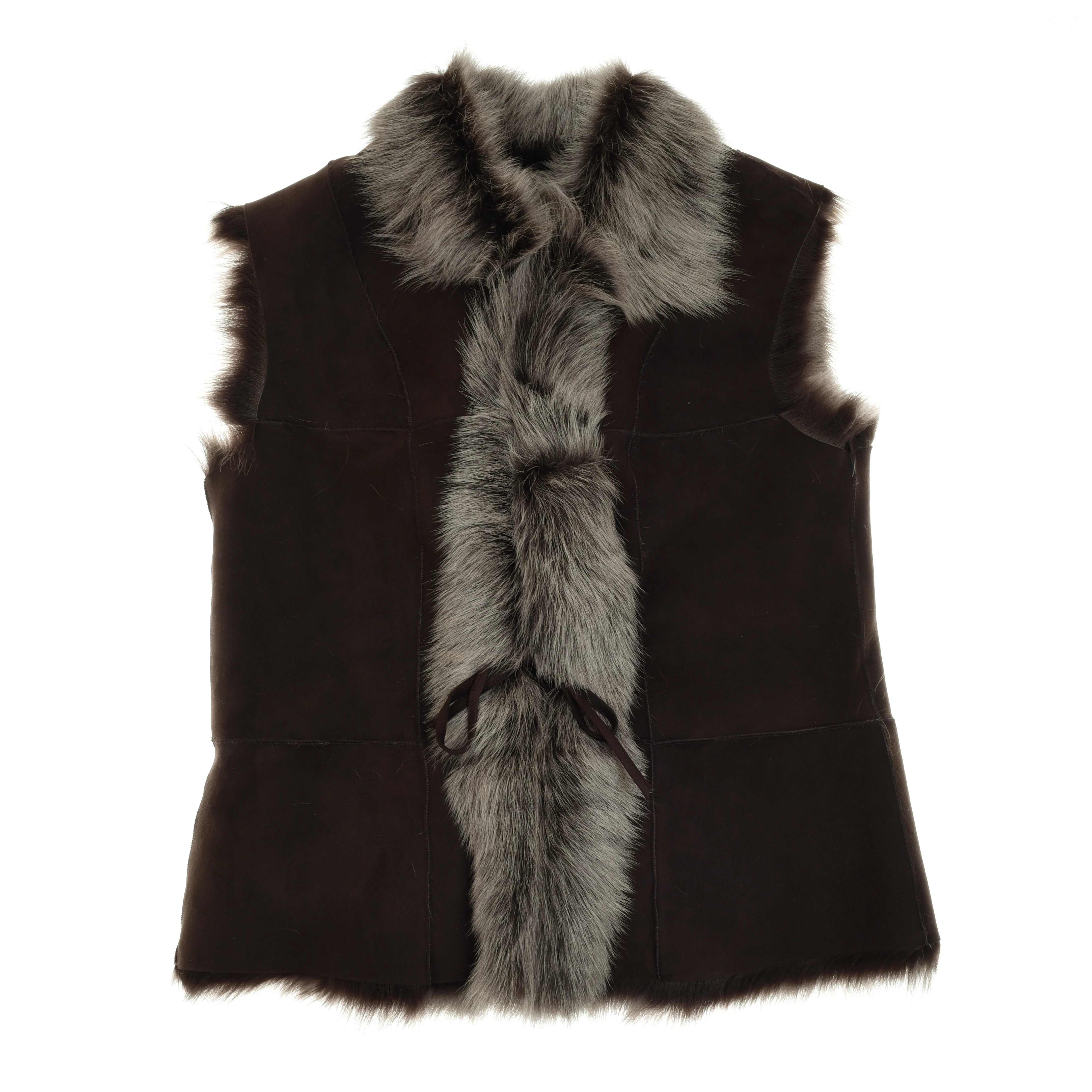 The Auld Stock Sheepskin Reversible Gilet by Campbell's of Beauly is a sleeveless black vest with gray Toscana fleece trim along the collar, front opening, and edges, shown flat on a white background.