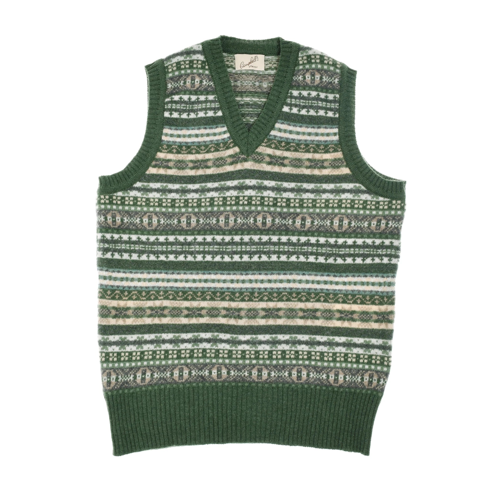 The Auld Stock Cashmere V-Neck Fairisle Slipover from Campbell's of Beauly is a green, sleeveless vest with a V-neck and Fair Isle pattern in green, cream, and brown, finished with ribbed neck, armholes, and hem.