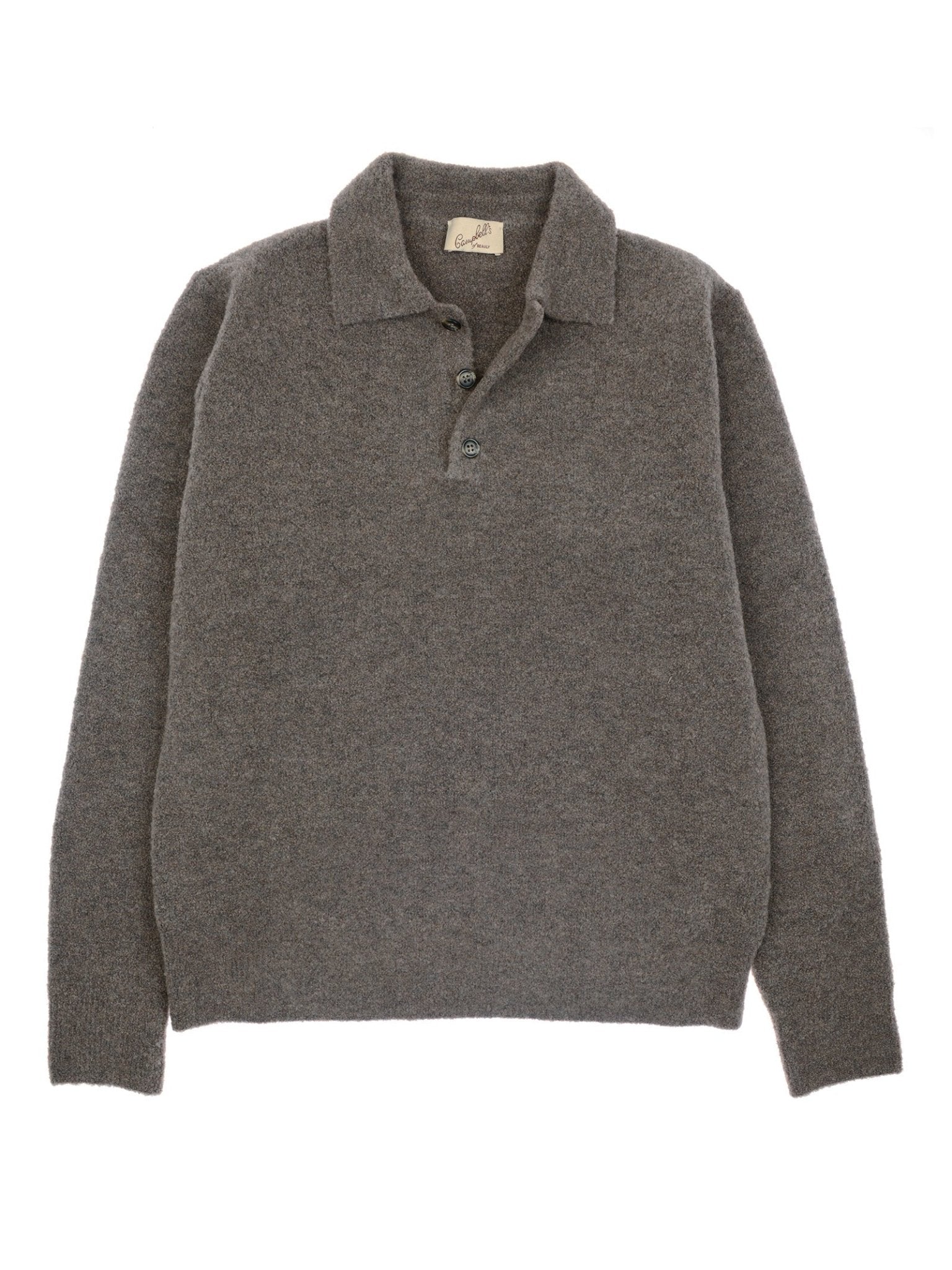 The Auld Stock Bouclé Neck Jumper by Campbell's of Beauly, a long-sleeved Italian knit polo sweater in brownish-gray with a collar and three-button placket, is displayed flat against a white background.