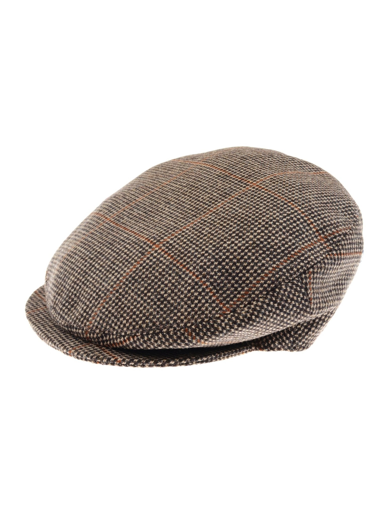 The Campbell's of Beauly Unisex Beauly Cap in color K523 features a brown plaid tweed with beige and thin orange lines, capturing classic British style. Shown on a white background.