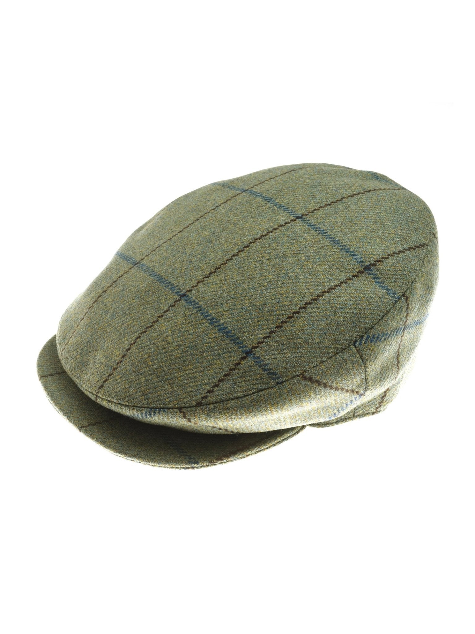 The Unisex Beauly Cap by Campbell's of Beauly in color 2831 4672 A1 features a British tweed design with subtle blue and brown checked patterns, displayed on a white background.