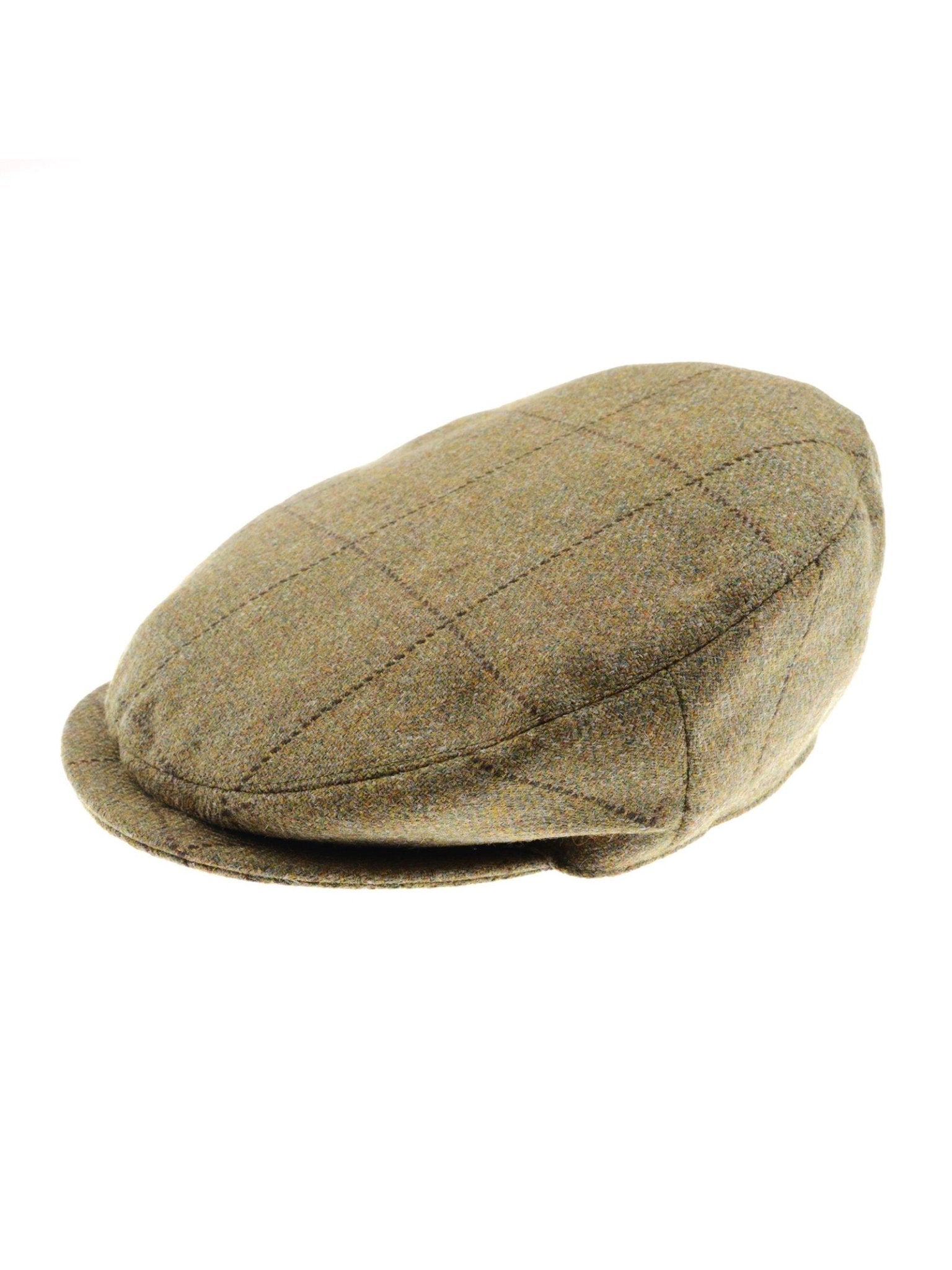 The Auld Stock Beauly Cap by Campbell's of Beauly is a classic flat cap made from British tweed in light brown plaid, shown in a side view against a white background.