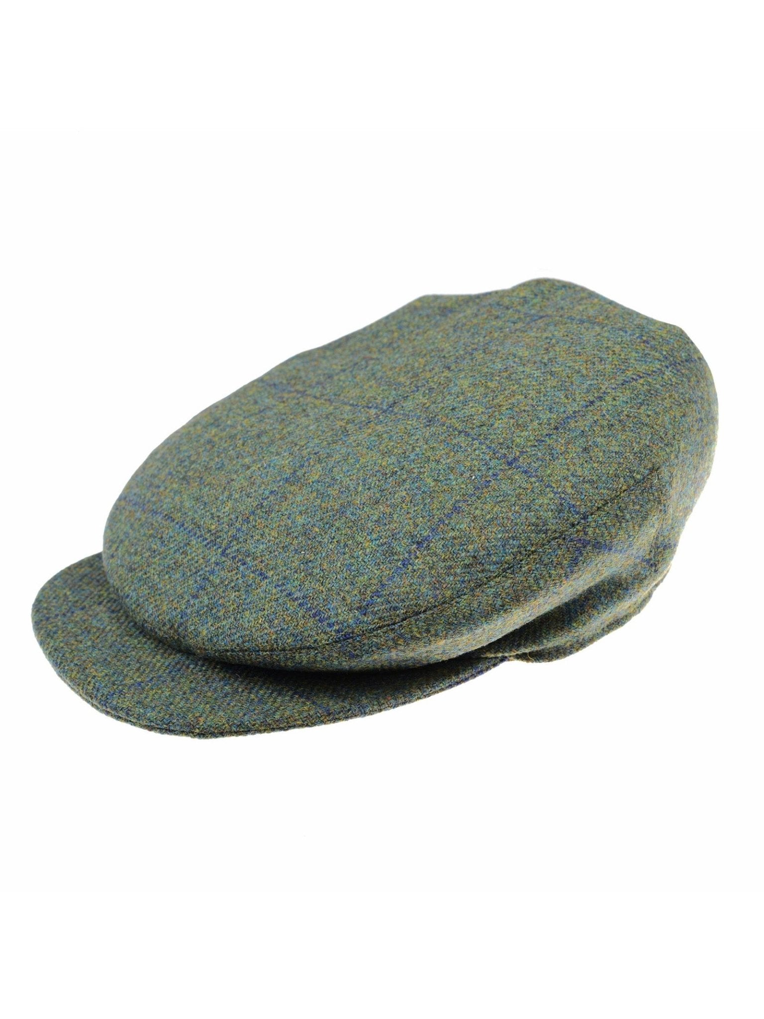 The Auld Stock Beauly Cap by Campbell's of Beauly features classic British green tweed with blue and yellow plaid accents, presented against a white background.