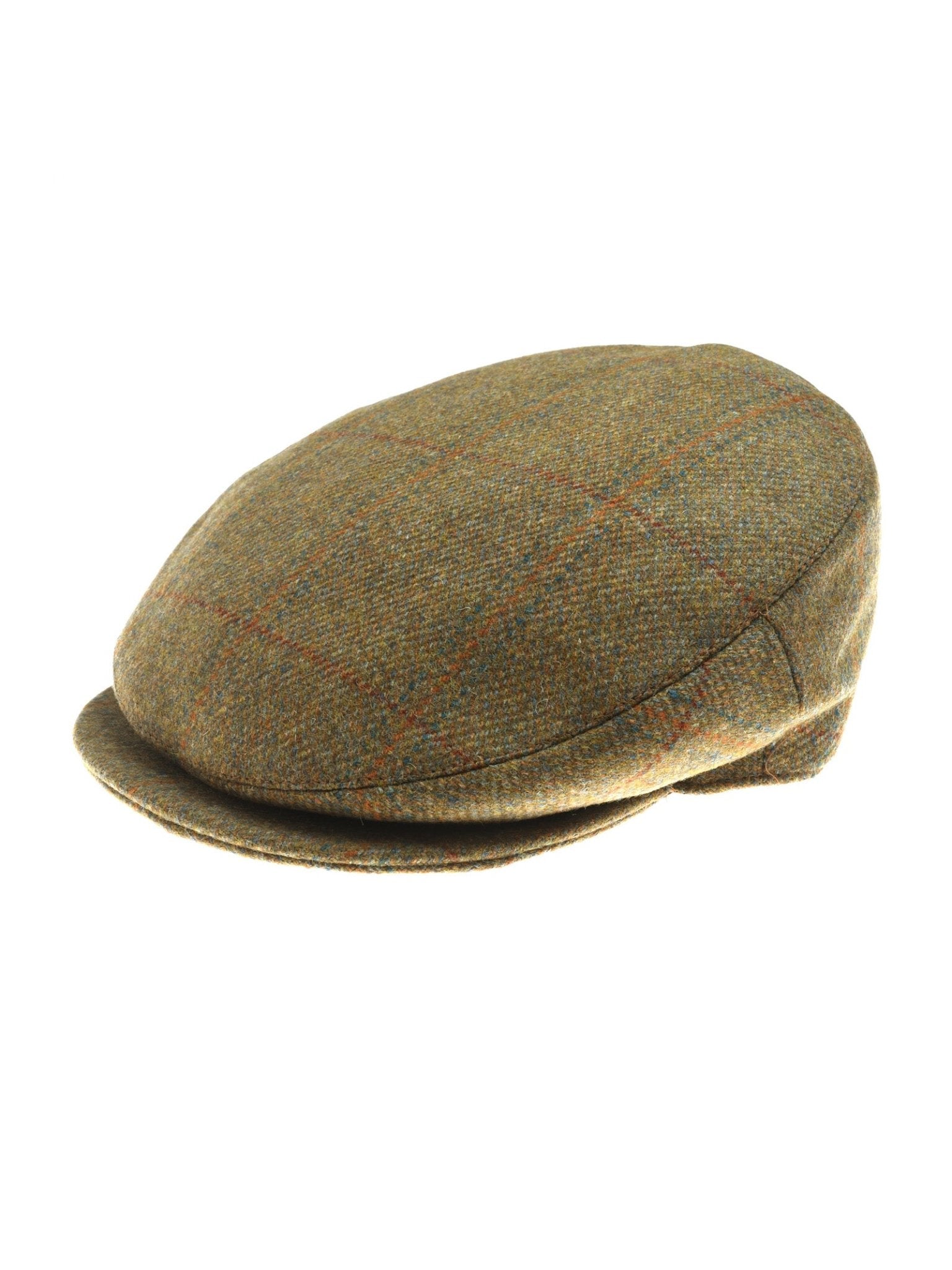 The Auld Stock Beauly Cap by Campbell's of Beauly is a brown British tweed flat cap featuring a subtle green and orange plaid, shown here against a white background.