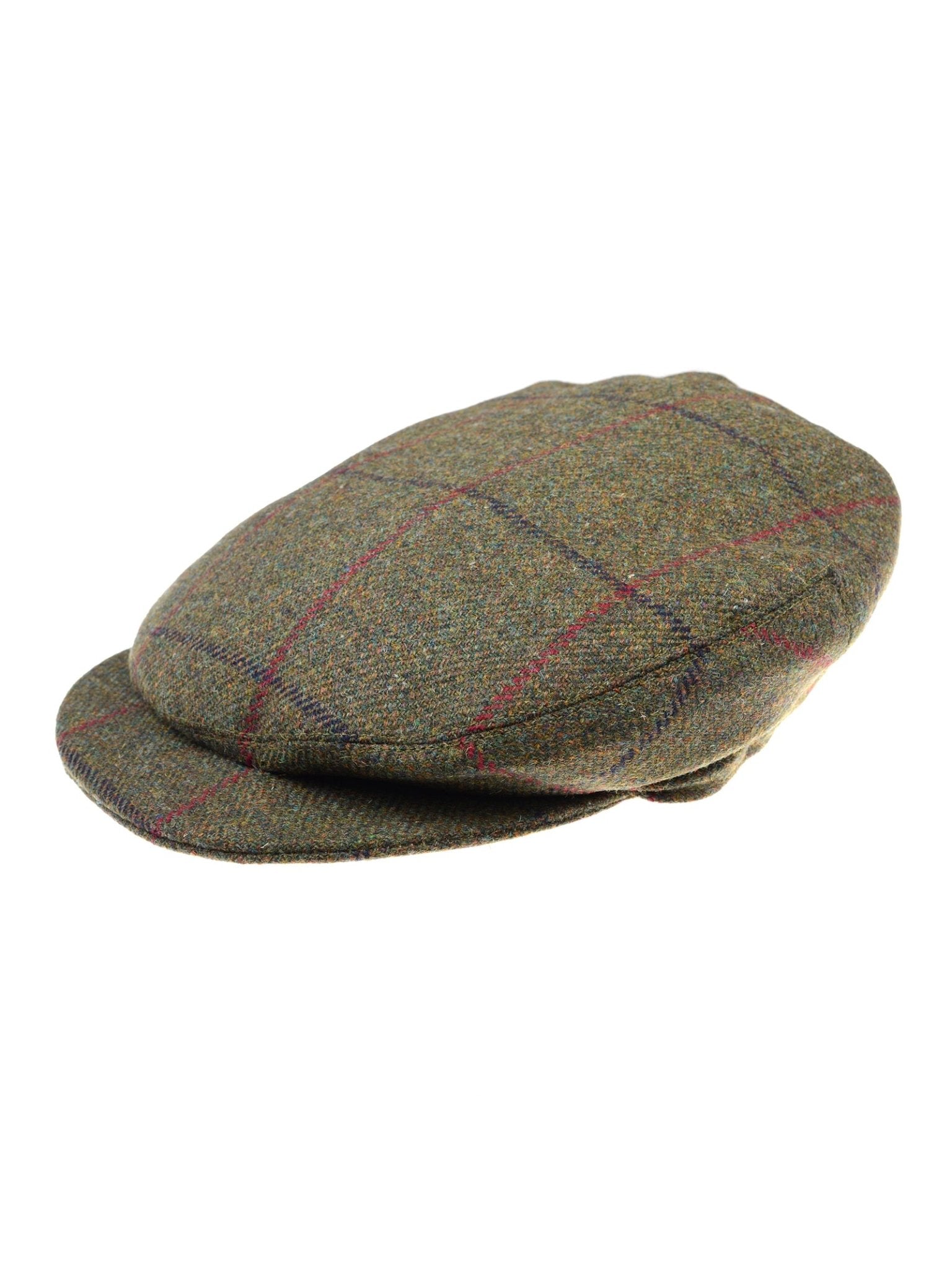 The Unisex Beauly Cap by Campbell's of Beauly in color K573 features a classic brown tweed with a subtle plaid of thin red and yellow lines, shown here against a white background.