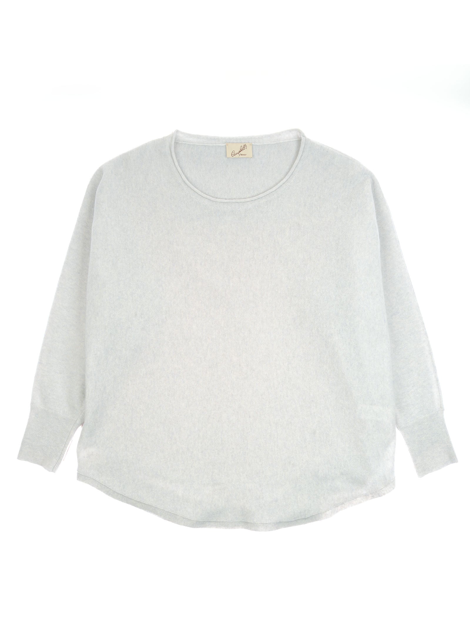 The Merino Cashmere Boat Neck Jumper by Campbell's of Beauly in silver features long sleeves, ribbed cuffs, a slightly curved hem, and a boat neck—stylish and versatile for travel, shown laid flat on a white background.