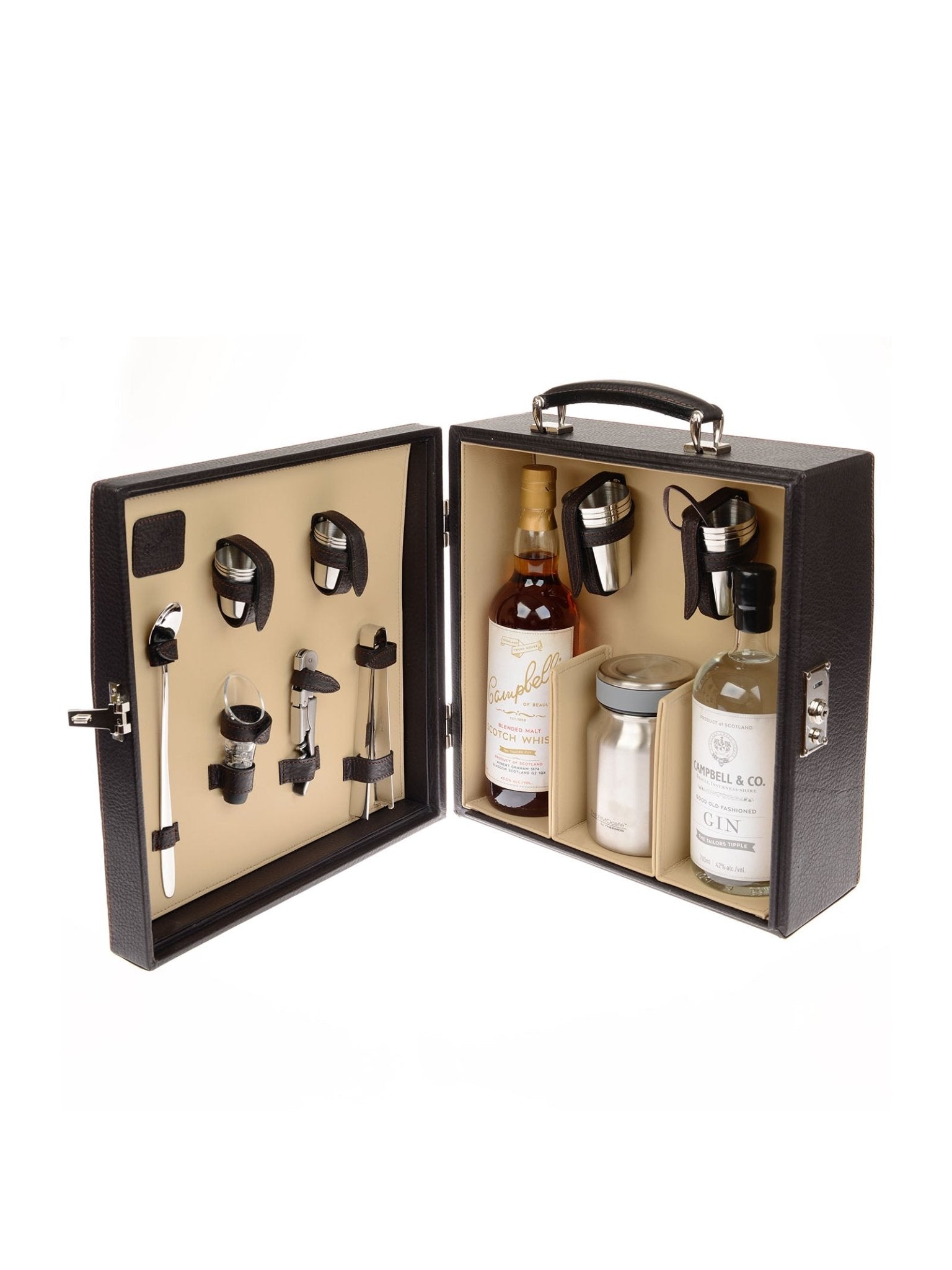 The Campbell's of Beauly Brown Leather Mini Bar opens to reveal neatly organized gin and whiskey bottles, cocktail tools, shaker, jigger, strainer, and luxury bar accessories—ideal for the discerning traveler.