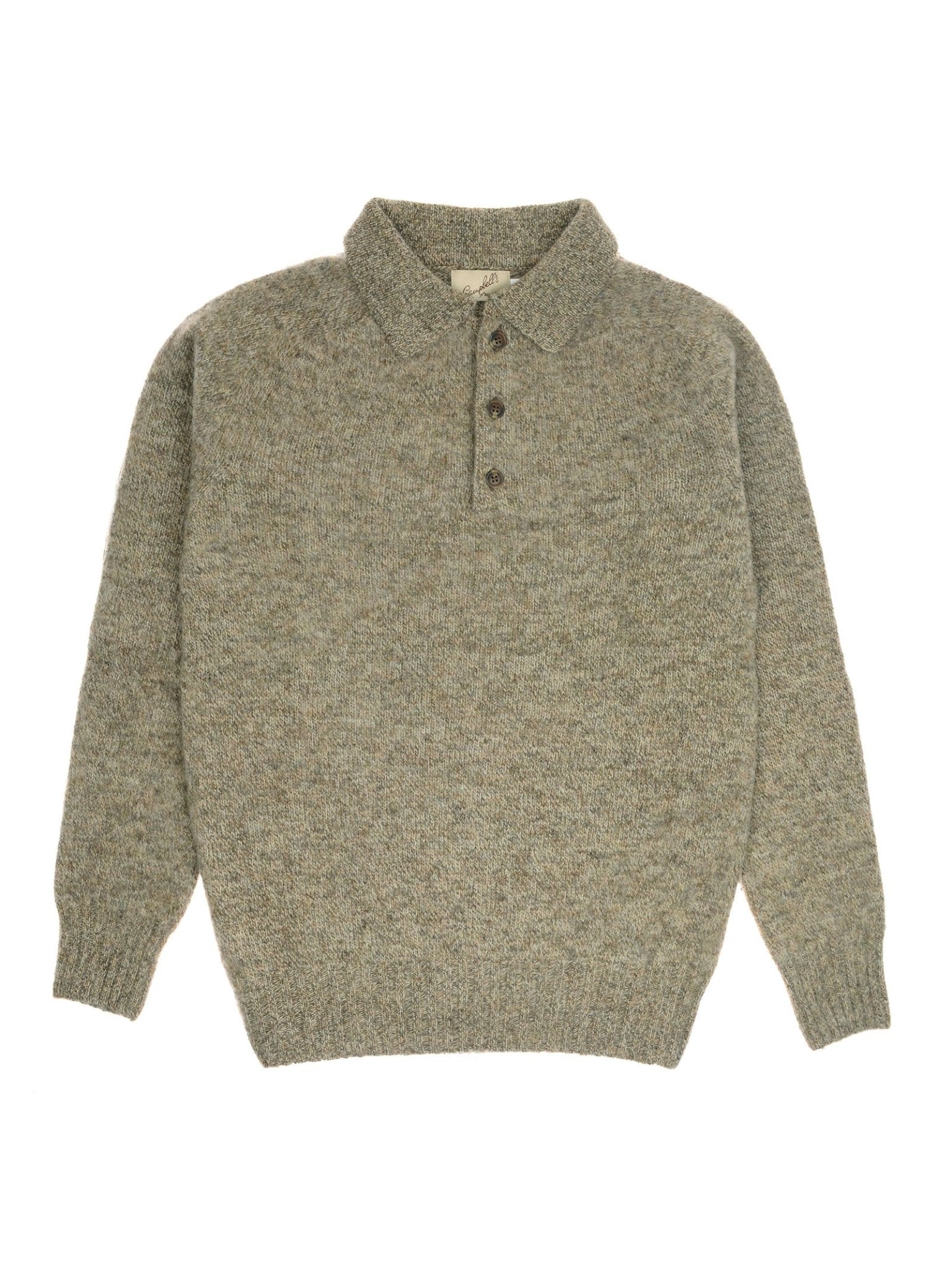 The Brushed Shetland Rugby Jumper by Campbell's of Beauly is a gray, long-sleeve wool sweater with a collar and three-button placket, rugby style, displayed flat on a white background.